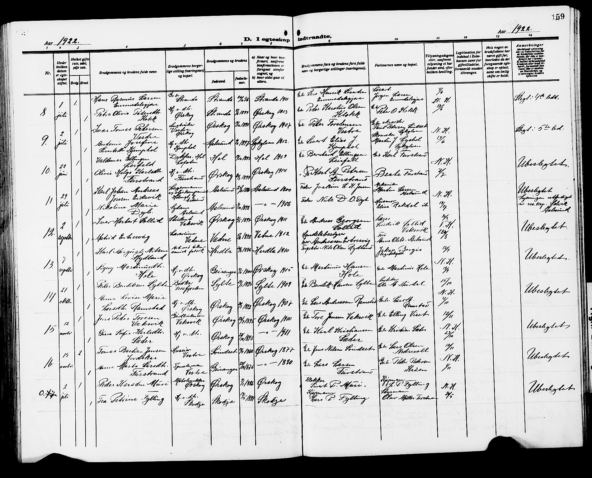 Ministerialprotokoller, klokkerbøker og fødselsregistre - Møre og Romsdal, AV/SAT-A-1454/522/L0328: Klokkerbok nr. 522C07, 1909-1925, s. 159