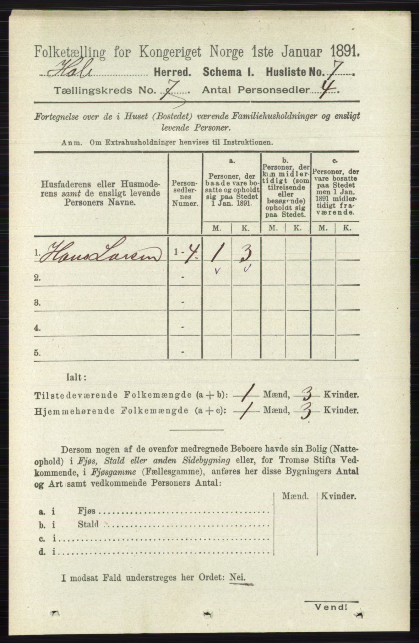 RA, Folketelling 1891 for 0612 Hole herred, 1891, s. 3888