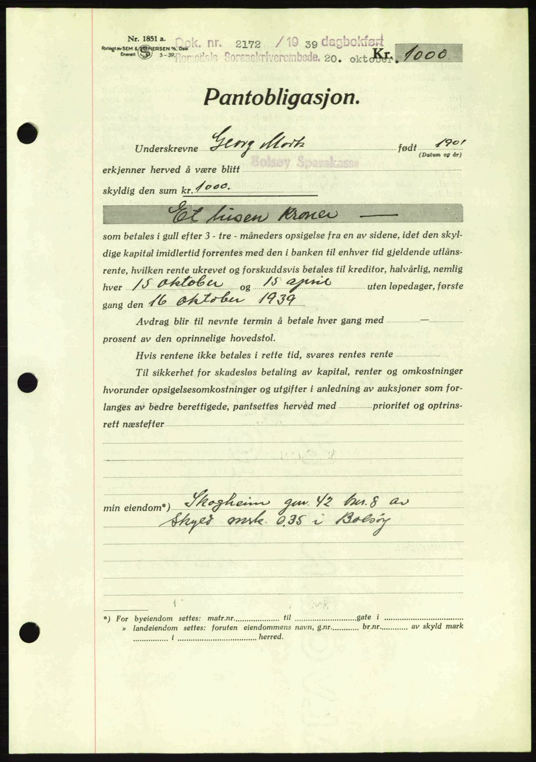 Romsdal sorenskriveri, SAT/A-4149/1/2/2C: Pantebok nr. B2, 1939-1945, Dagboknr: 2172/1939