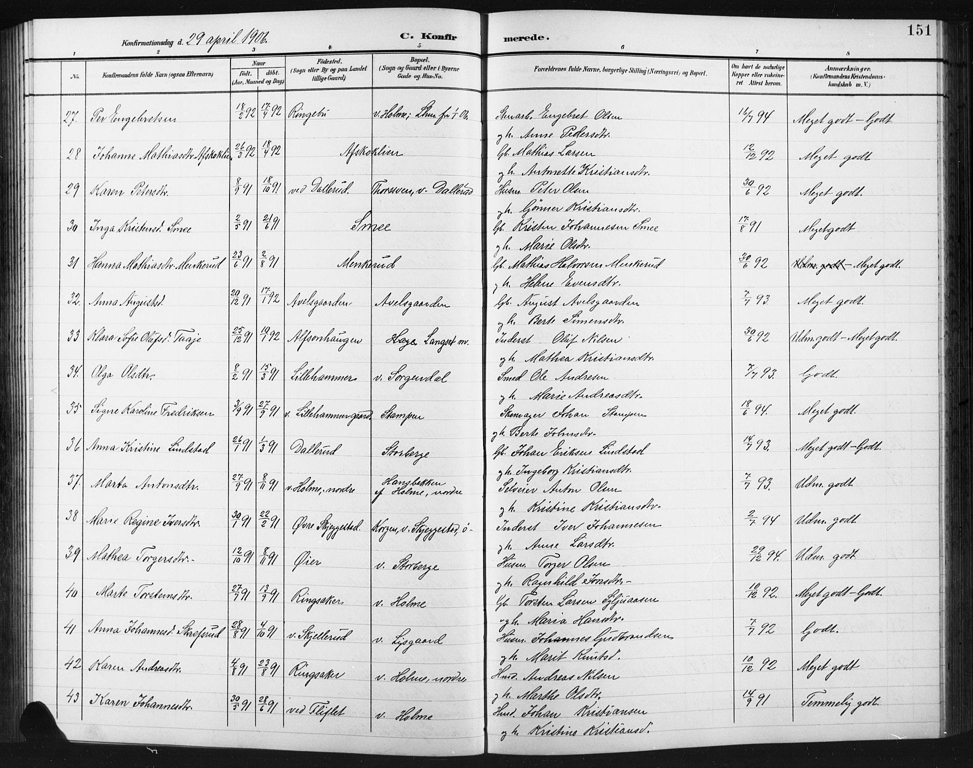 Fåberg prestekontor, AV/SAH-PREST-086/H/Ha/Hab/L0012: Klokkerbok nr. 12, 1903-1924, s. 151