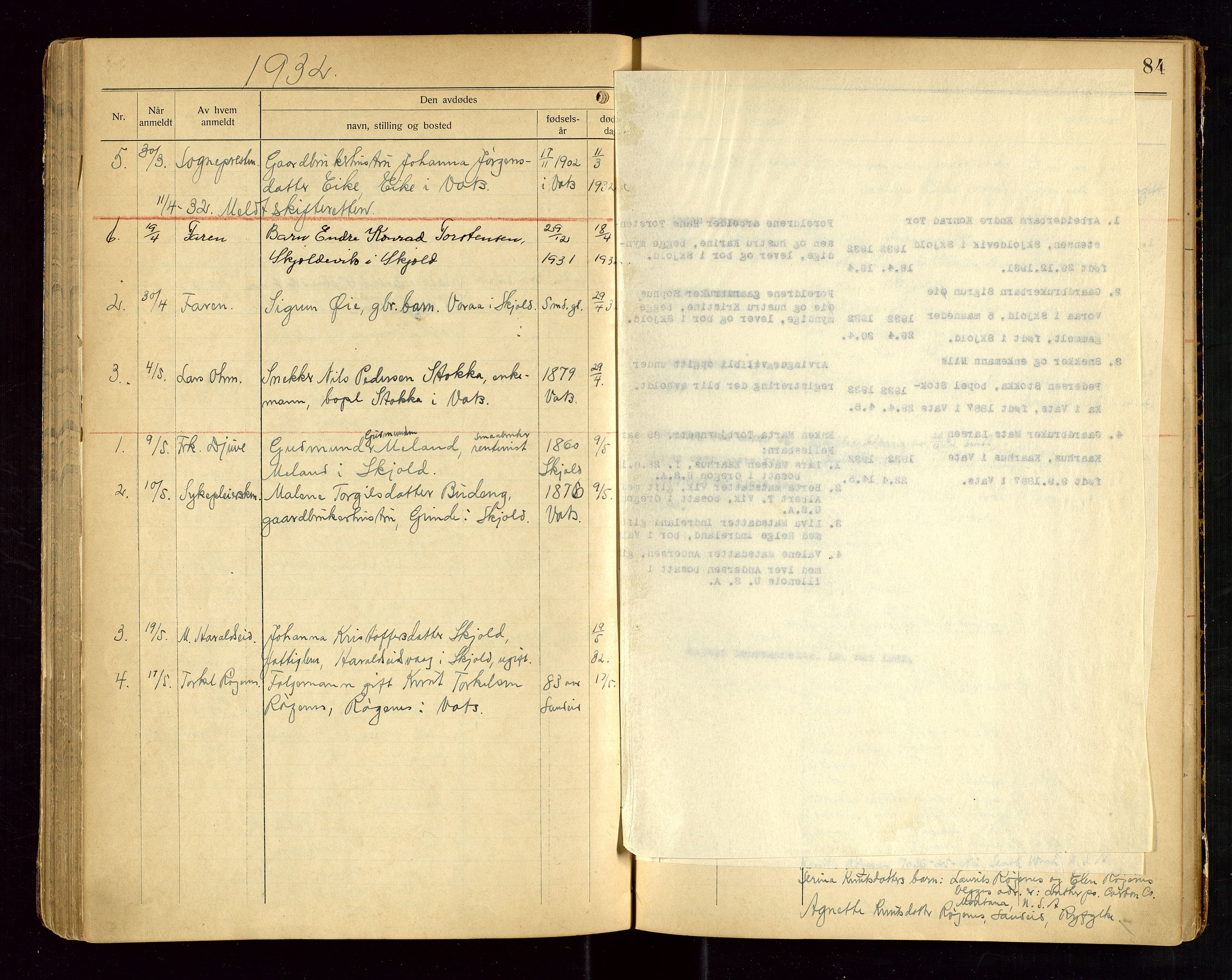 Skjold lensmannskontor, AV/SAST-A-100182/Gga/L0004: "Dødsfaldsprotkol for Skjold", 1922-1934, s. 84