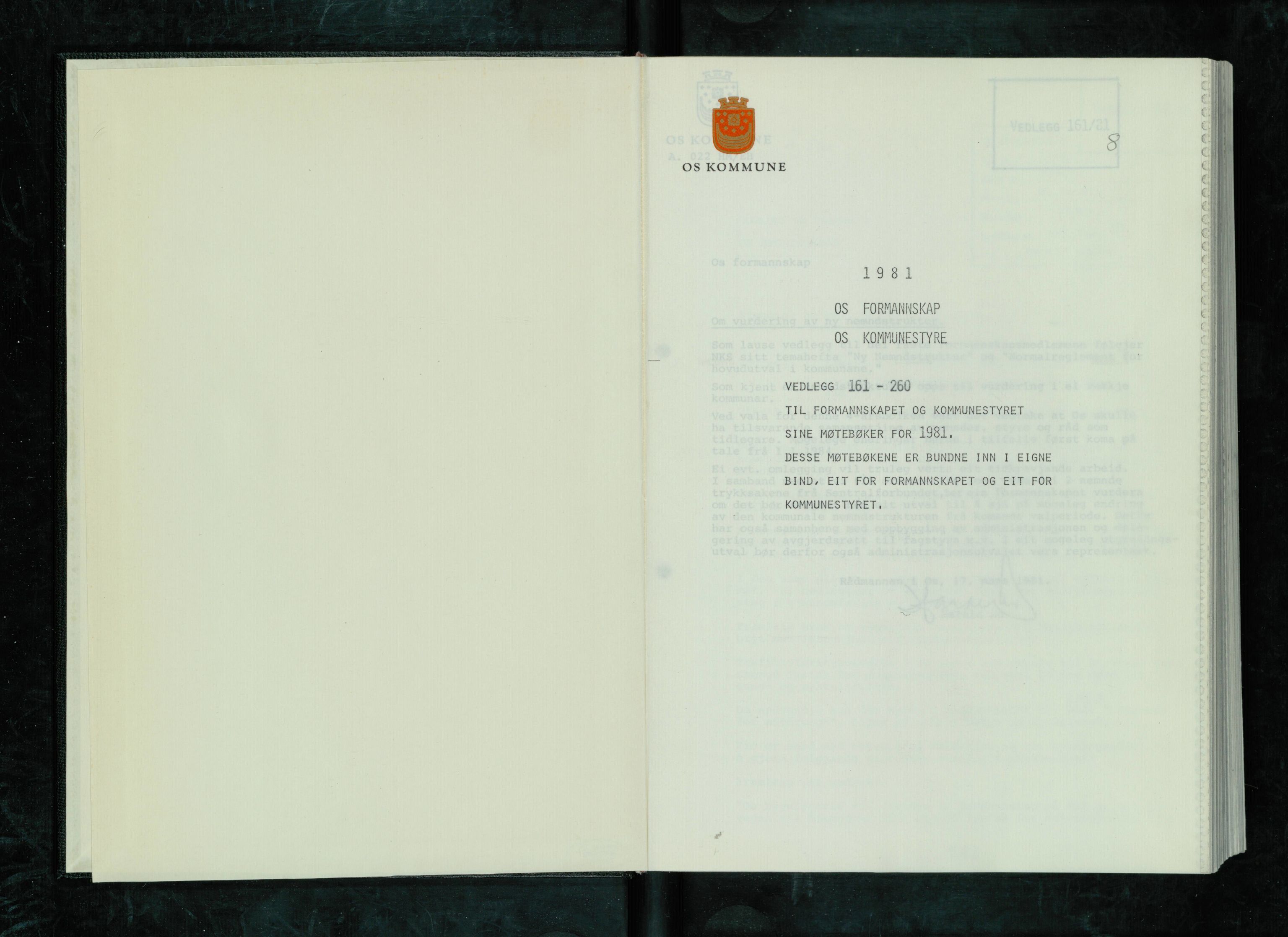 Os kommune. Formannskapet, IKAH/1243-021/A/Ad/L0040: Protokoll over saksvedlegg til møtebøker for formannskapet og kommunestyret. Vedlegg 161-260, 1981