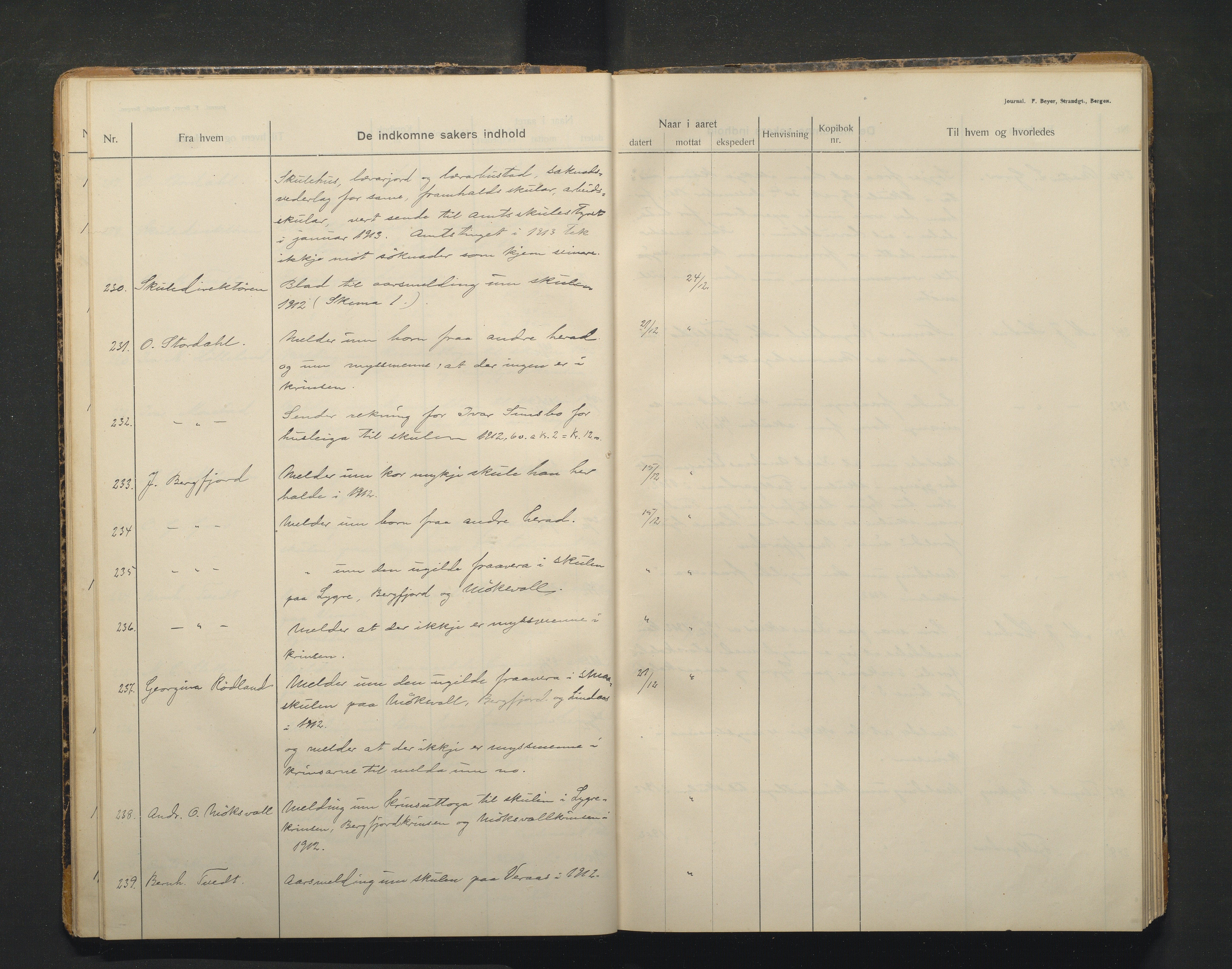 Lindås kommune. Skulestyret, IKAH/1263-211/C/Ca/L0005: Postjournal for Lindås skulestyre, 1912-1918