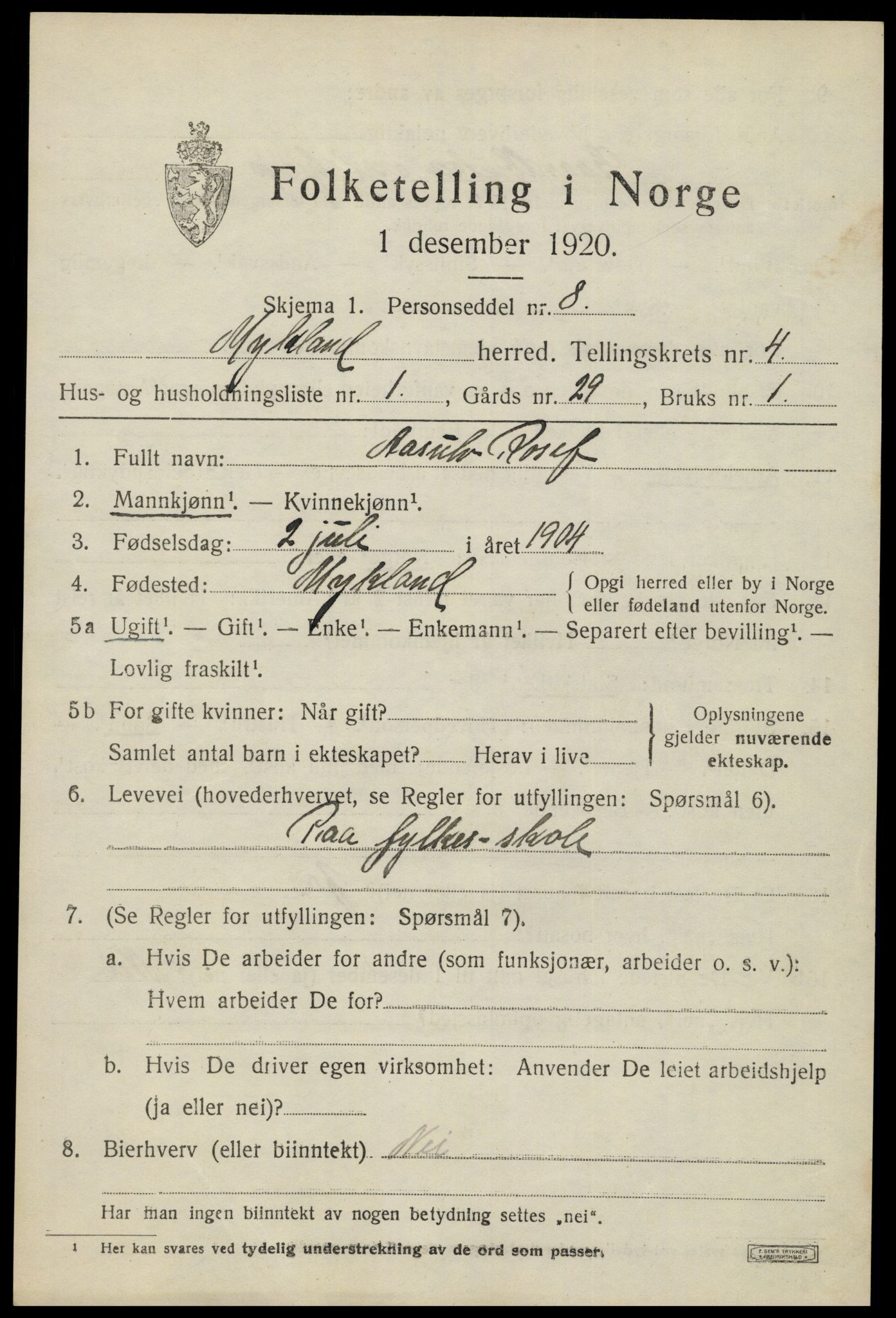 SAK, Folketelling 1920 for 0932 Mykland herred, 1920, s. 1336