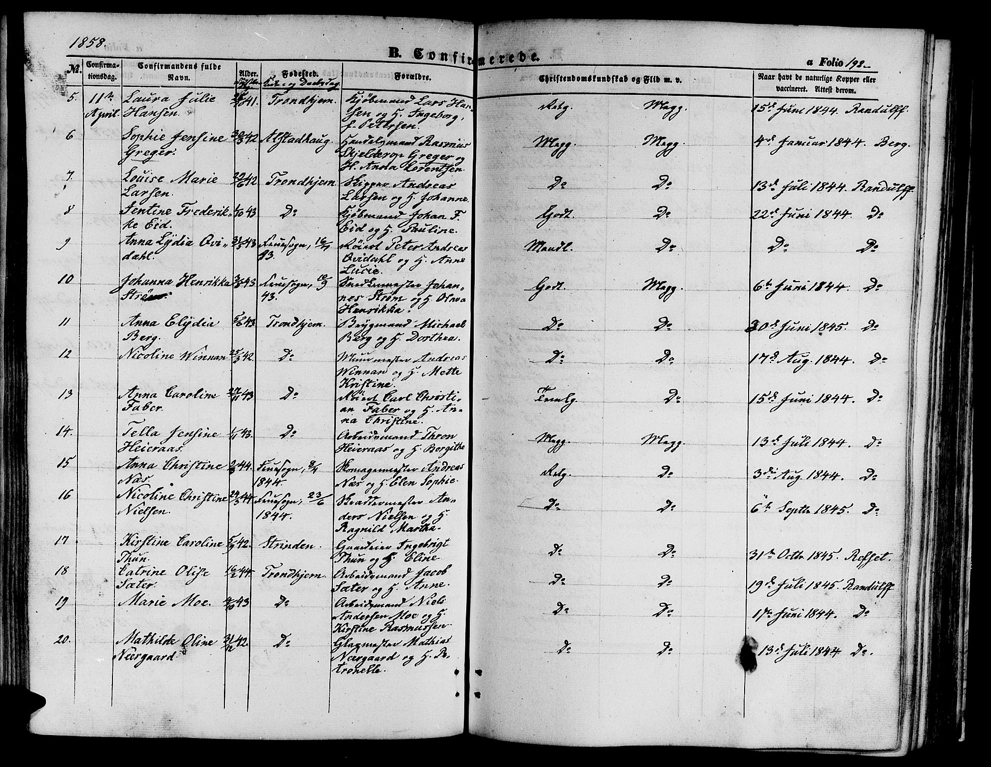 Ministerialprotokoller, klokkerbøker og fødselsregistre - Sør-Trøndelag, AV/SAT-A-1456/602/L0138: Klokkerbok nr. 602C06, 1853-1858, s. 192