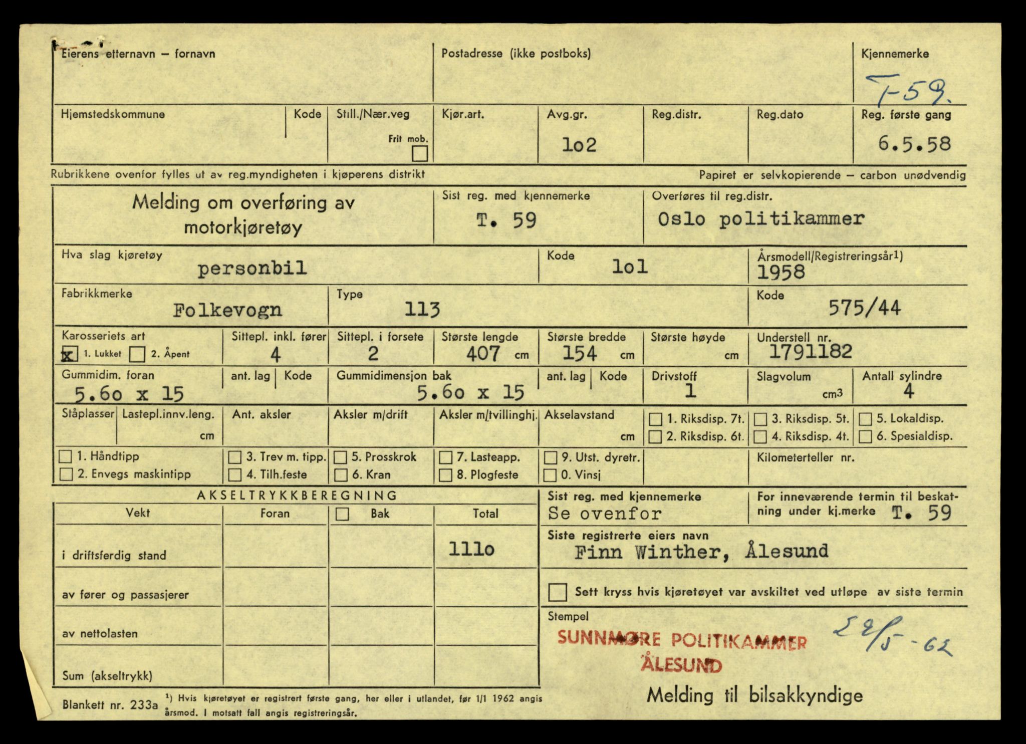 Møre og Romsdal vegkontor - Ålesund trafikkstasjon, AV/SAT-A-4099/F/Fe/L0001: Registreringskort for kjøretøy T 3 - T 127, 1927-1998, s. 1273