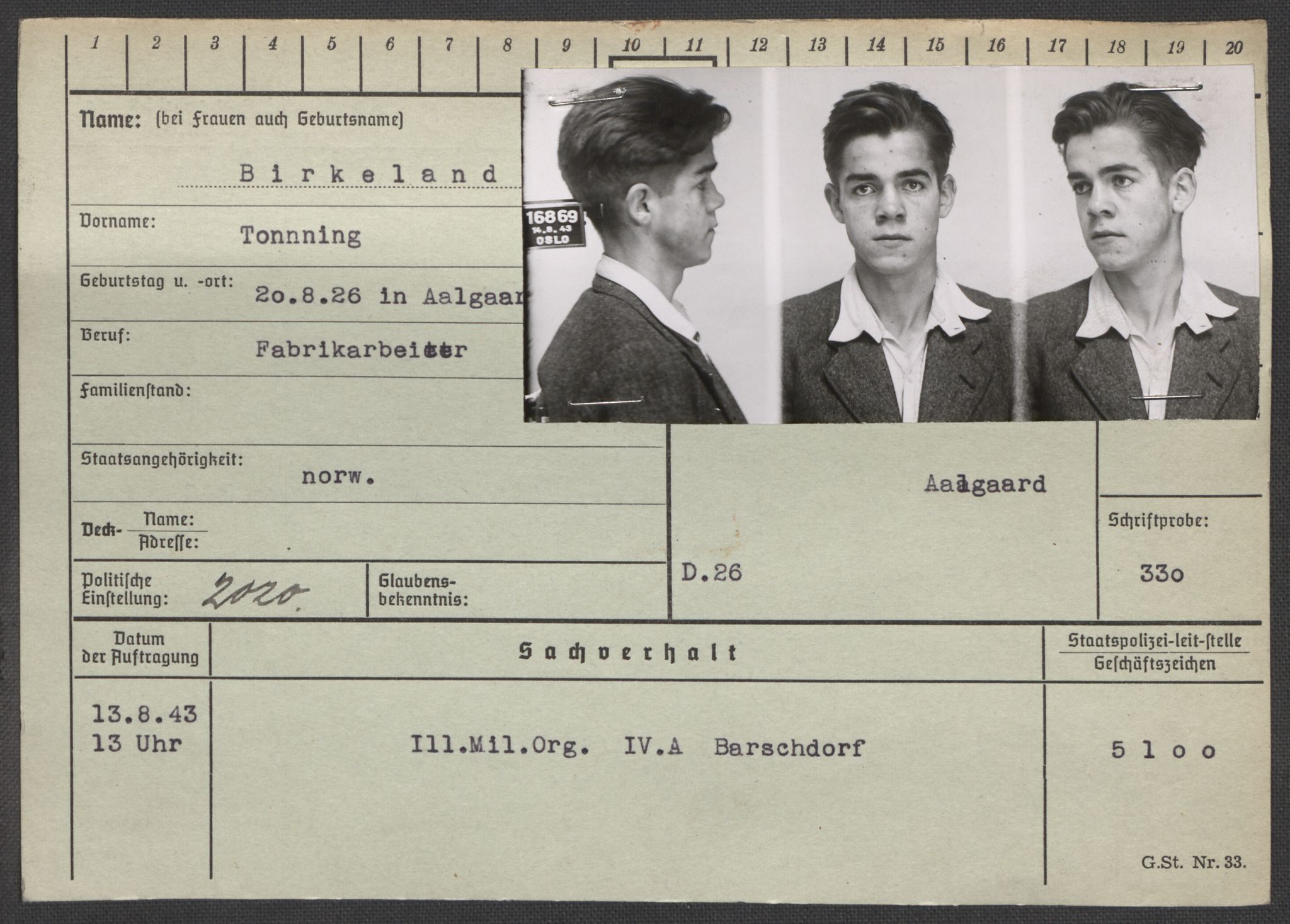 Befehlshaber der Sicherheitspolizei und des SD, AV/RA-RAFA-5969/E/Ea/Eaa/L0001: Register over norske fanger i Møllergata 19: A-Bj, 1940-1945, s. 1205