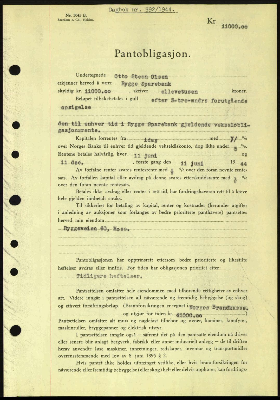 Moss sorenskriveri, SAO/A-10168: Pantebok nr. B13, 1943-1945, Dagboknr: 992/1944