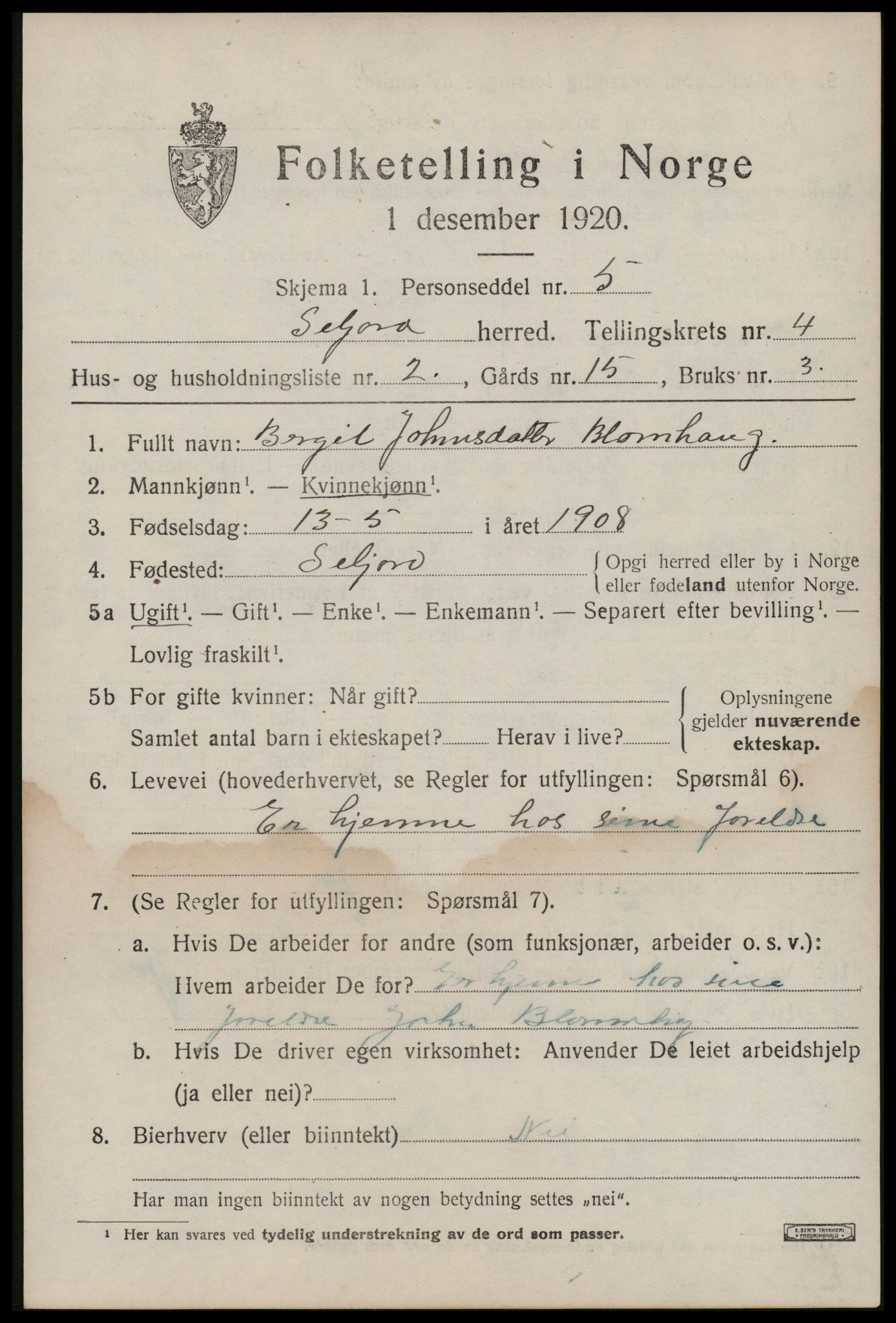 SAKO, Folketelling 1920 for 0828 Seljord herred, 1920, s. 2110