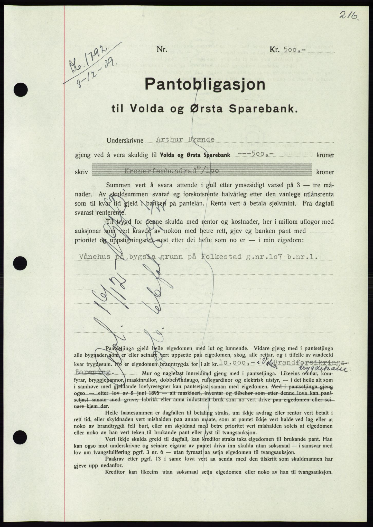 Søre Sunnmøre sorenskriveri, AV/SAT-A-4122/1/2/2C/L0069: Pantebok nr. 63, 1939-1940, Dagboknr: 1792/1939