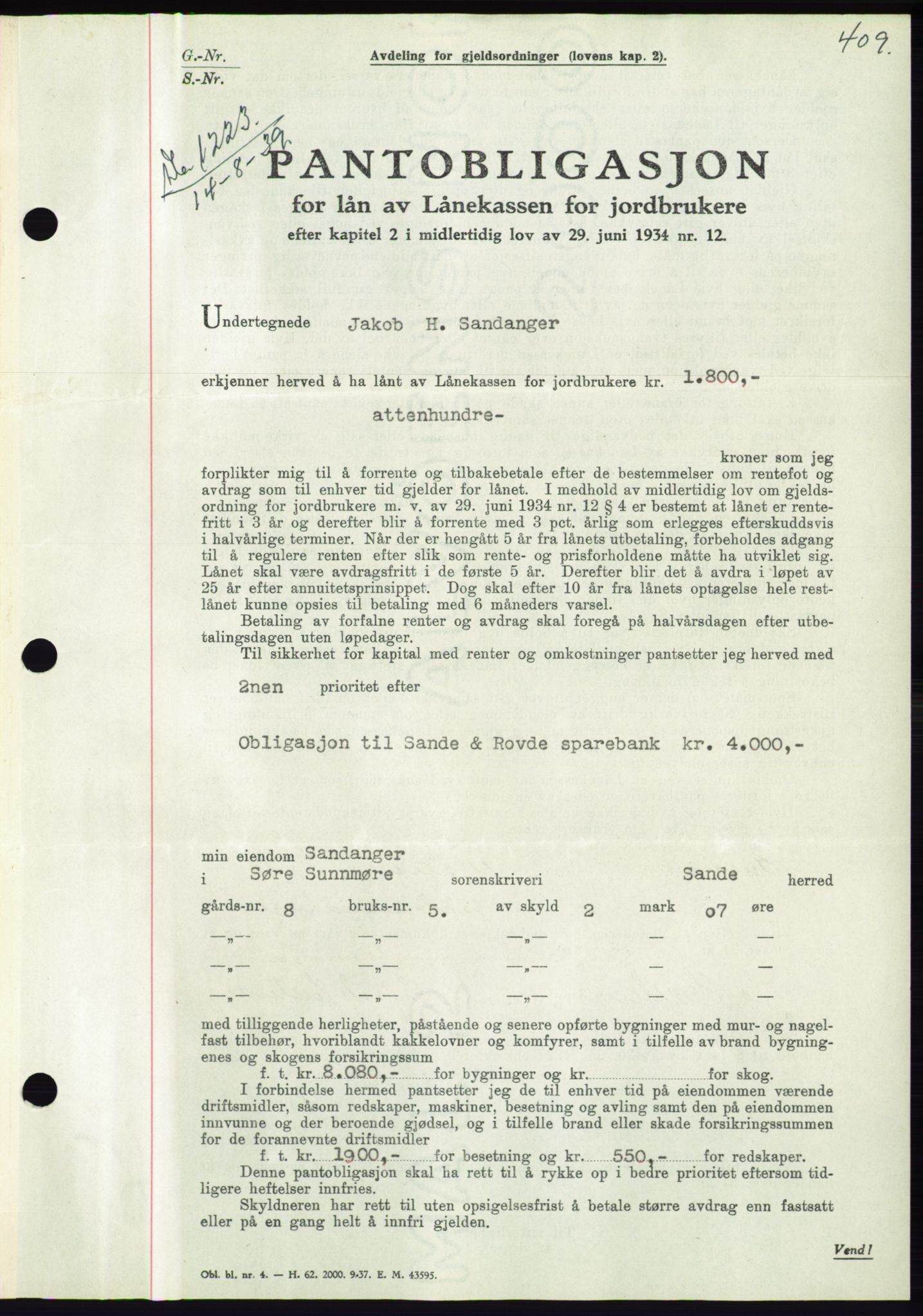 Søre Sunnmøre sorenskriveri, AV/SAT-A-4122/1/2/2C/L0068: Pantebok nr. 62, 1939-1939, Dagboknr: 1223/1939