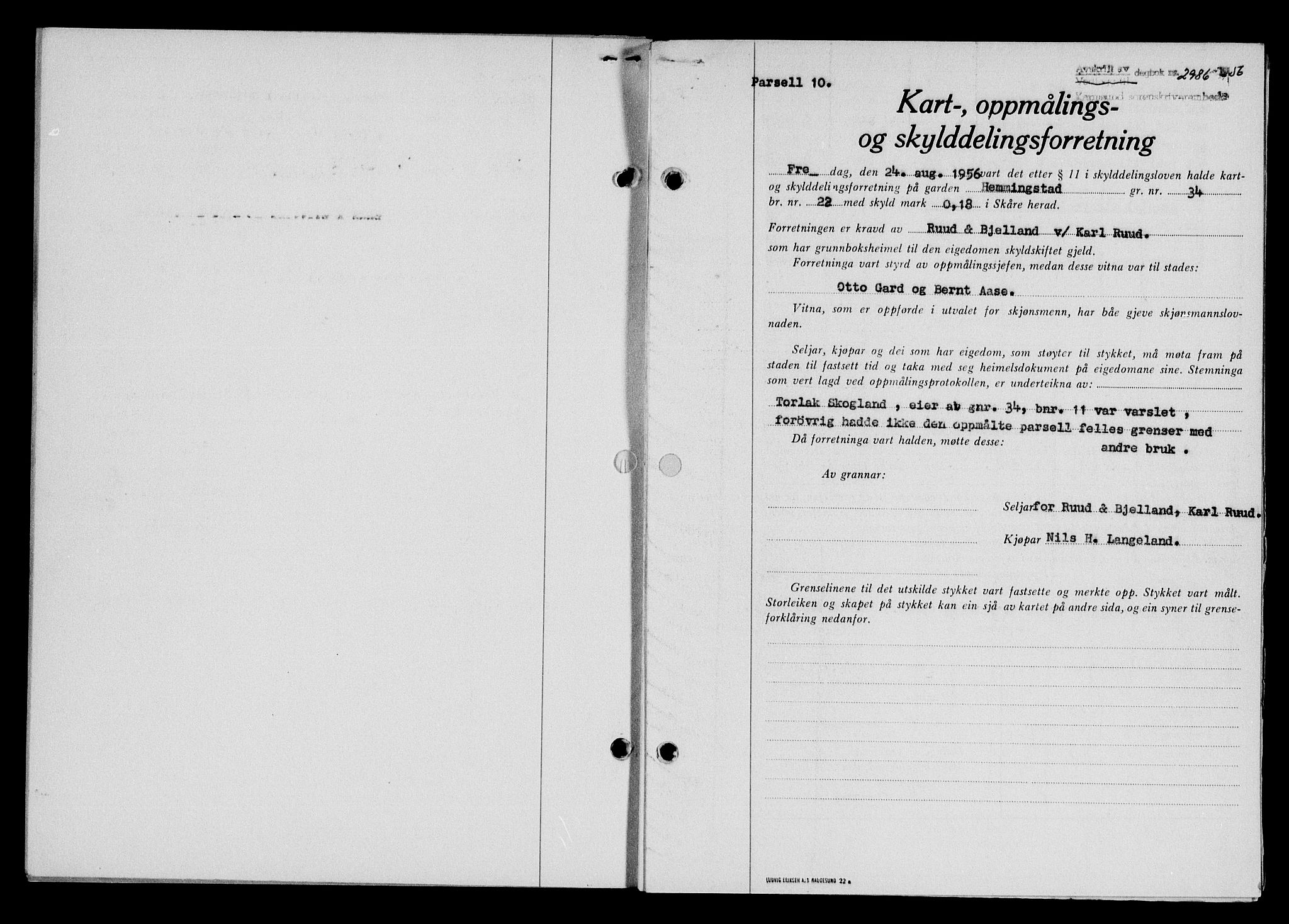 Karmsund sorenskriveri, SAST/A-100311/01/II/IIB/L0121: Pantebok nr. 101A, 1956-1956, Dagboknr: 2986/1956