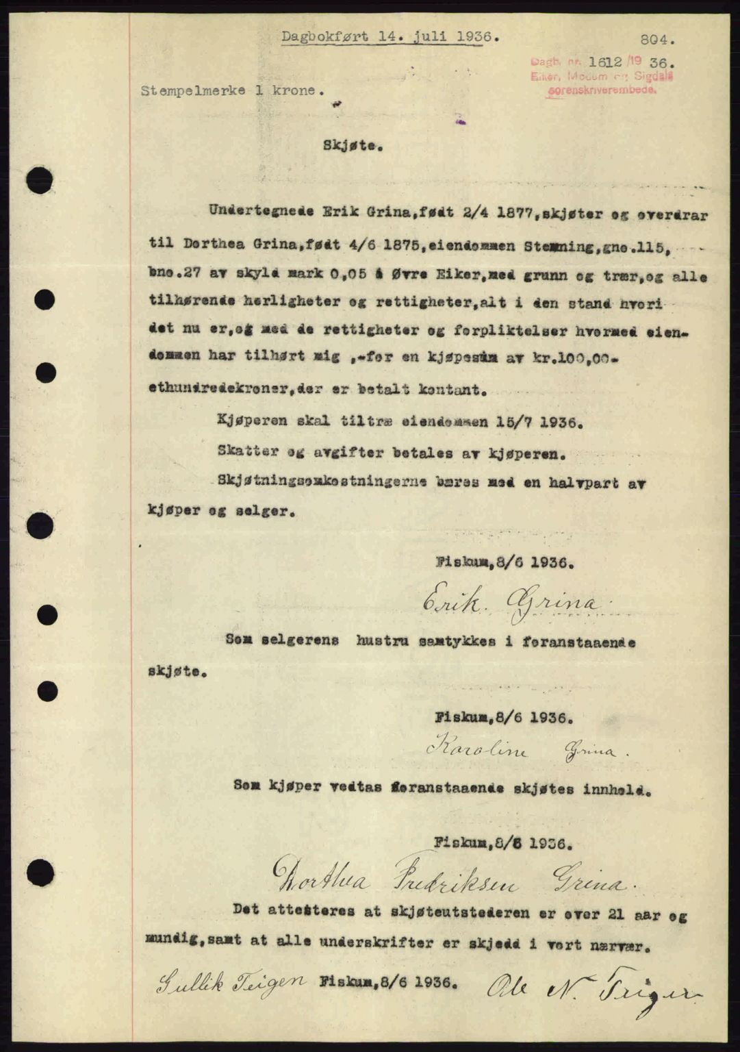 Eiker, Modum og Sigdal sorenskriveri, SAKO/A-123/G/Ga/Gab/L0032: Pantebok nr. A2, 1936-1936, Dagboknr: 1612/1936