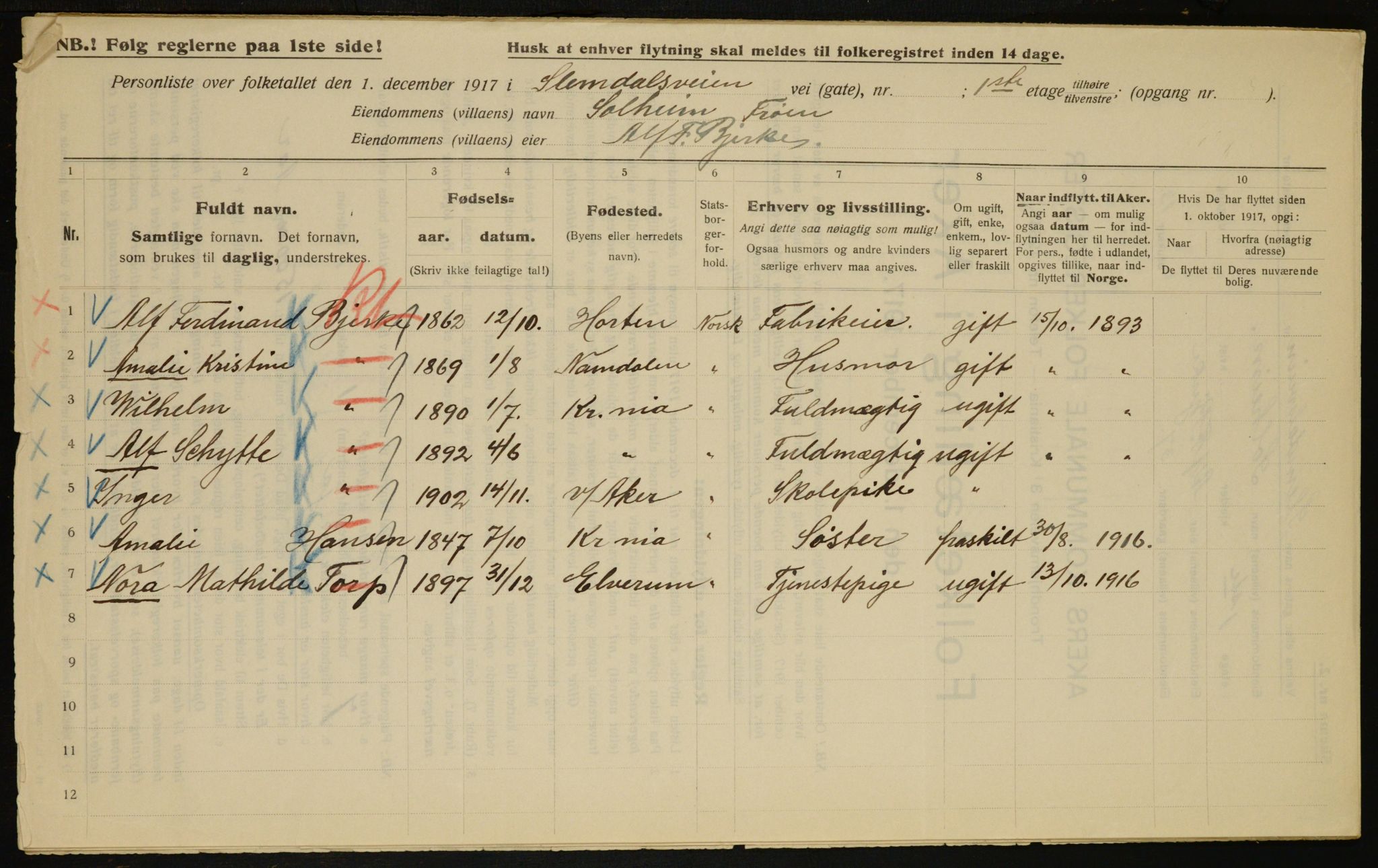 OBA, Kommunal folketelling 1.12.1917 for Aker, 1917, s. 9584