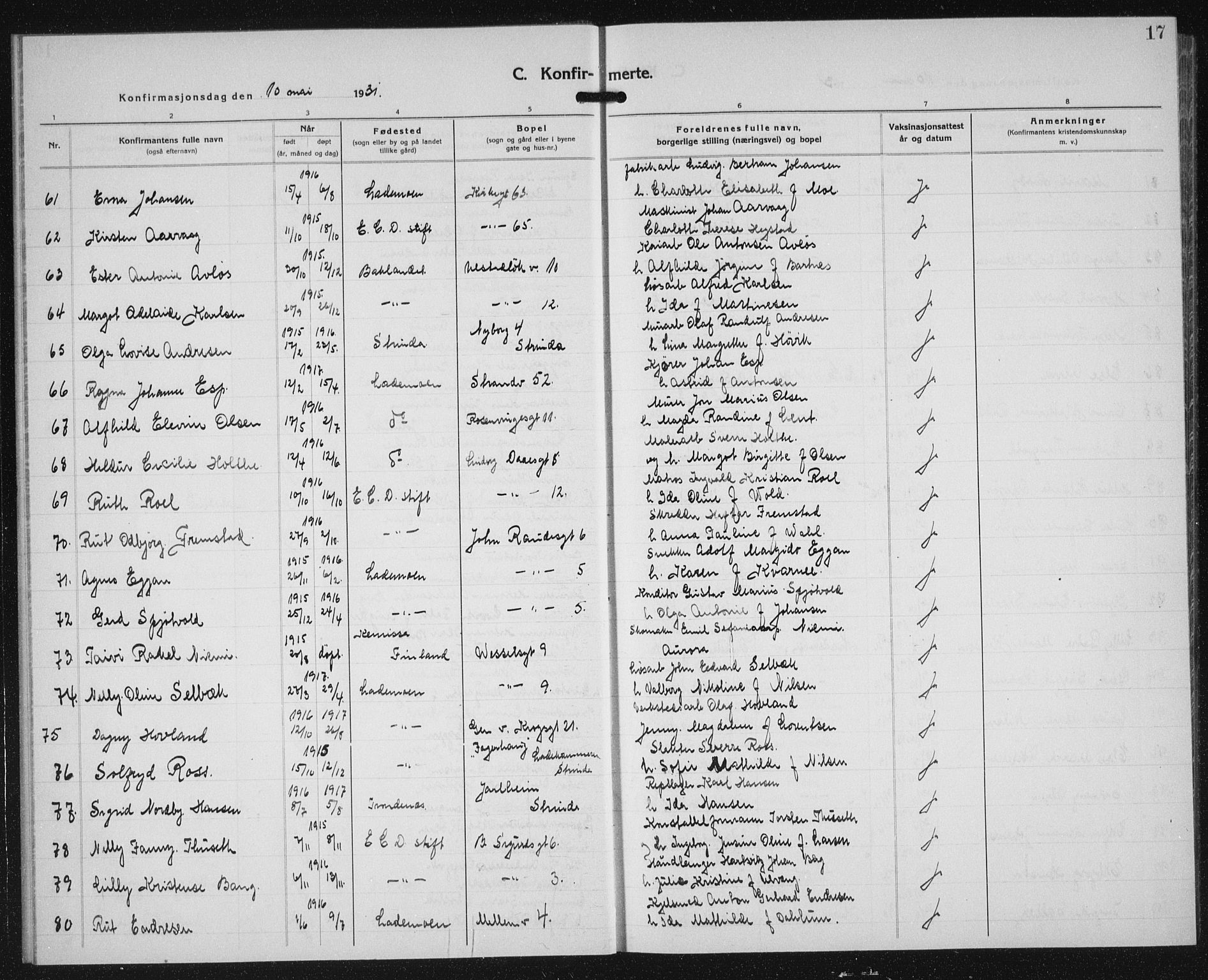 Ministerialprotokoller, klokkerbøker og fødselsregistre - Sør-Trøndelag, AV/SAT-A-1456/605/L0262: Klokkerbok nr. 605C09, 1930-1933, s. 17