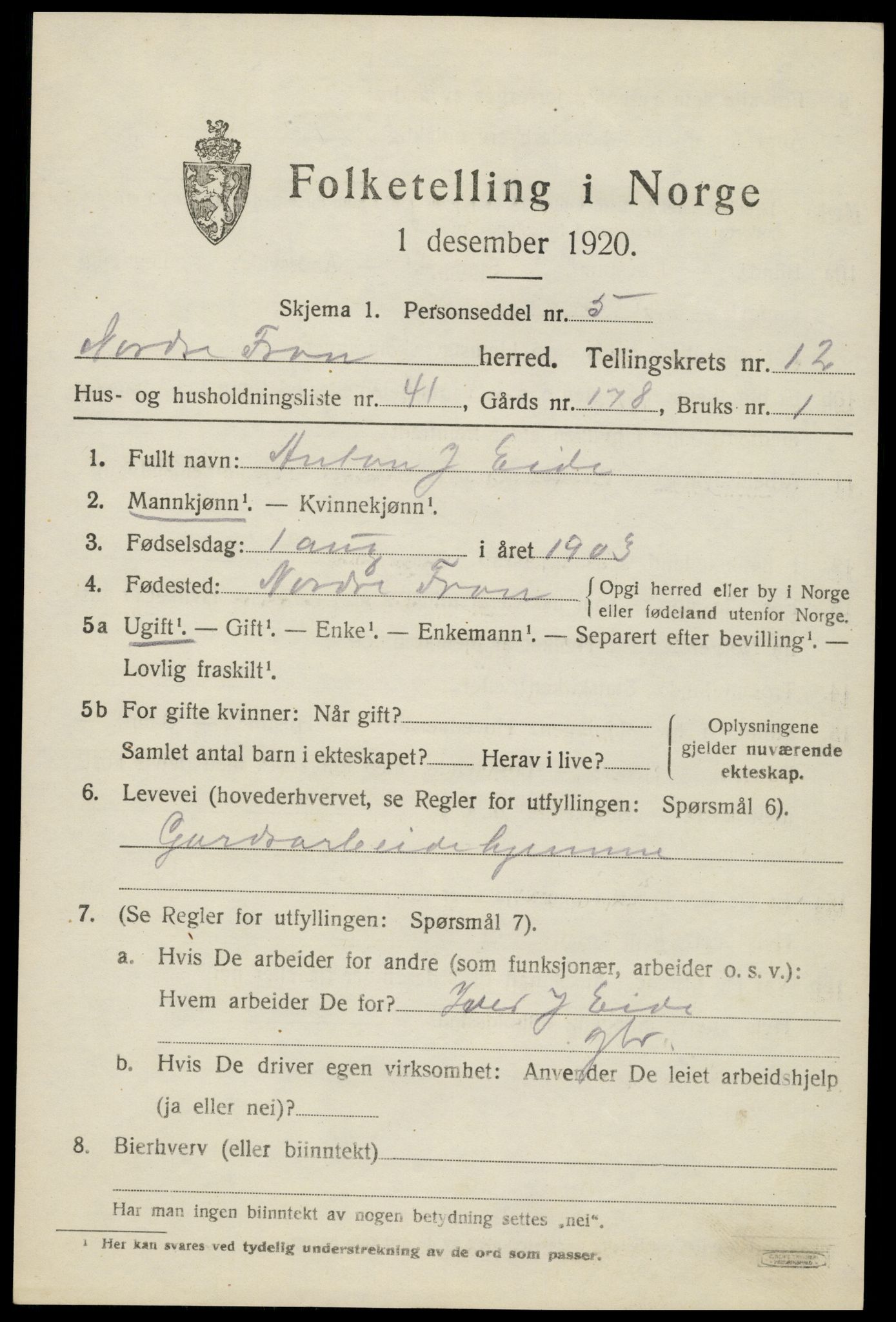 SAH, Folketelling 1920 for 0518 Nord-Fron herred, 1920, s. 10304