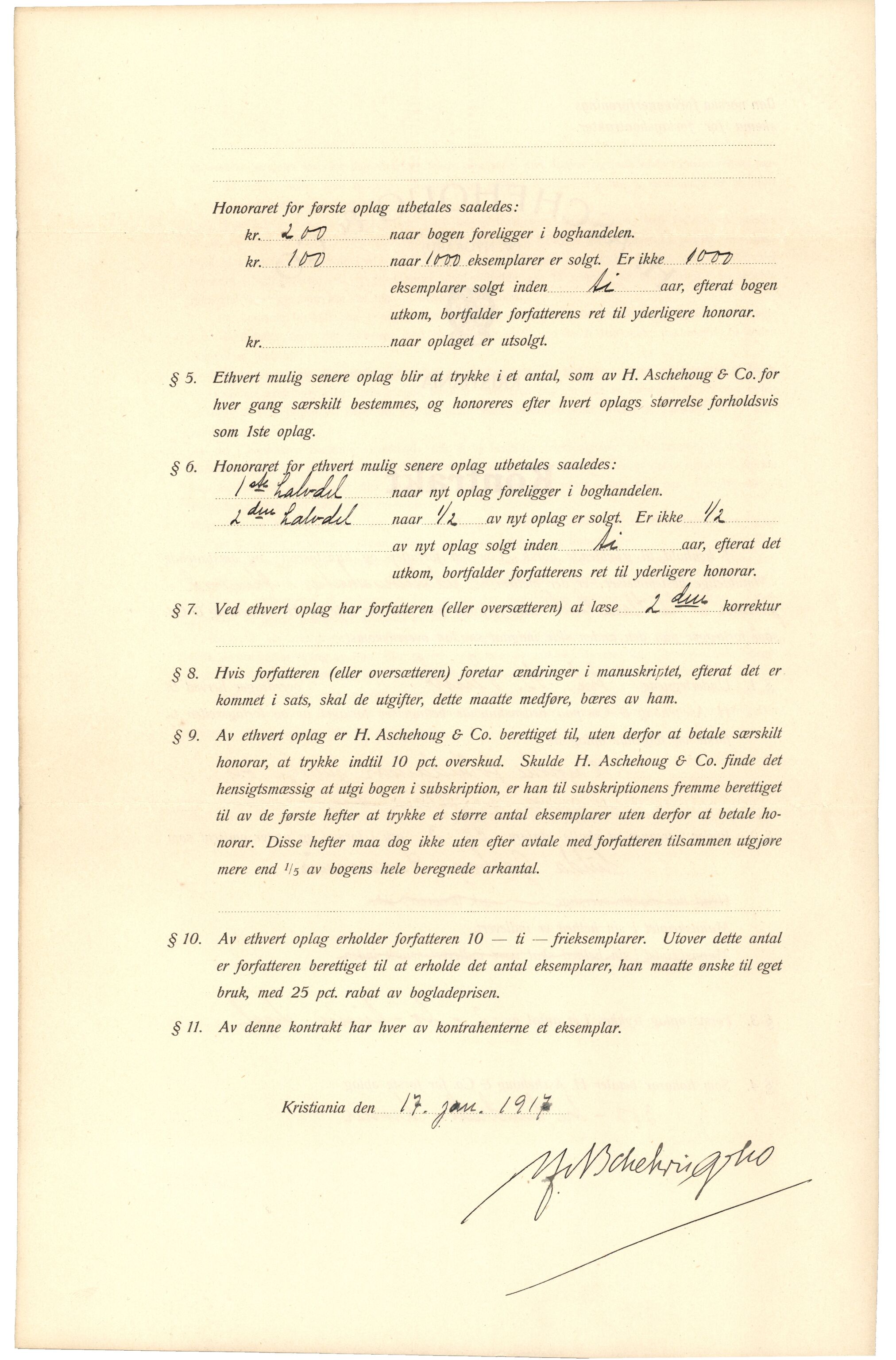 Samling etter Klara Semb, NSFF/KS/A/029: Kontrakt mellom Klara Semb og H. Aschehoug & Co om "18 Norske folkedansar", 1917