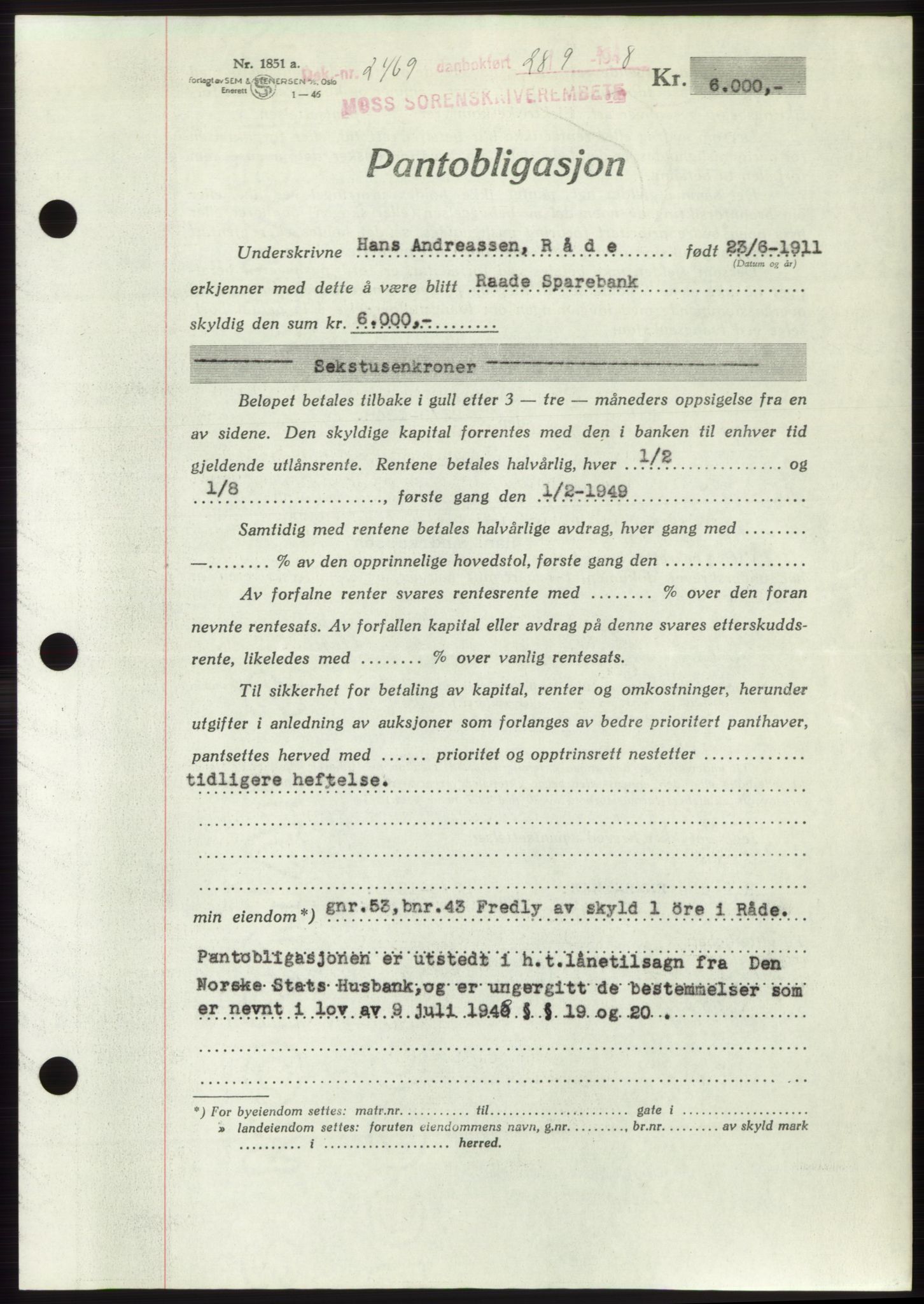 Moss sorenskriveri, AV/SAO-A-10168: Pantebok nr. B20, 1948-1948, Dagboknr: 2469/1948