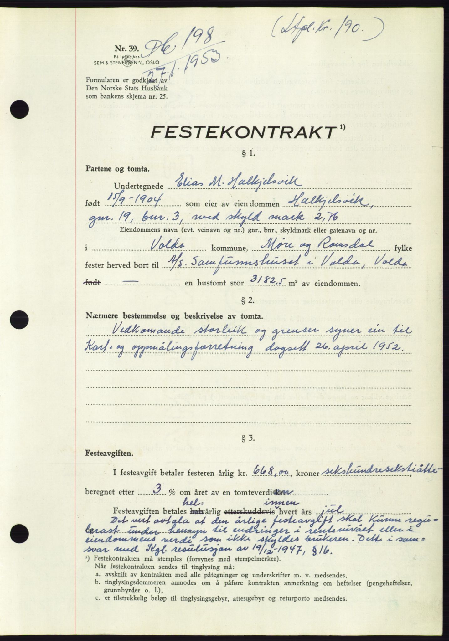 Søre Sunnmøre sorenskriveri, AV/SAT-A-4122/1/2/2C/L0094: Pantebok nr. 20A, 1953-1953, Dagboknr: 198/1953