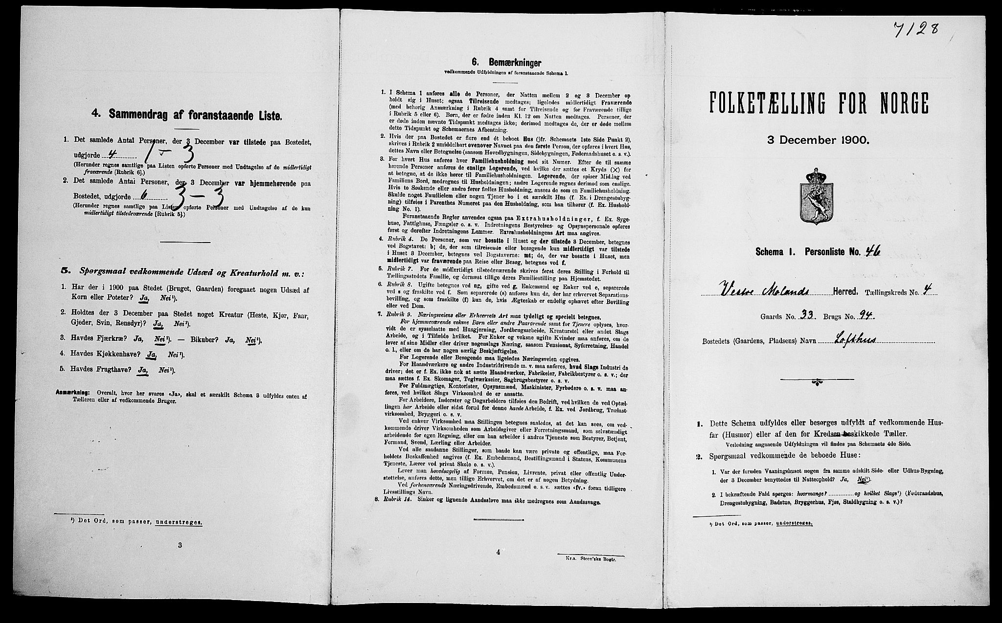 SAK, Folketelling 1900 for 0926 Vestre Moland herred, 1900, s. 494