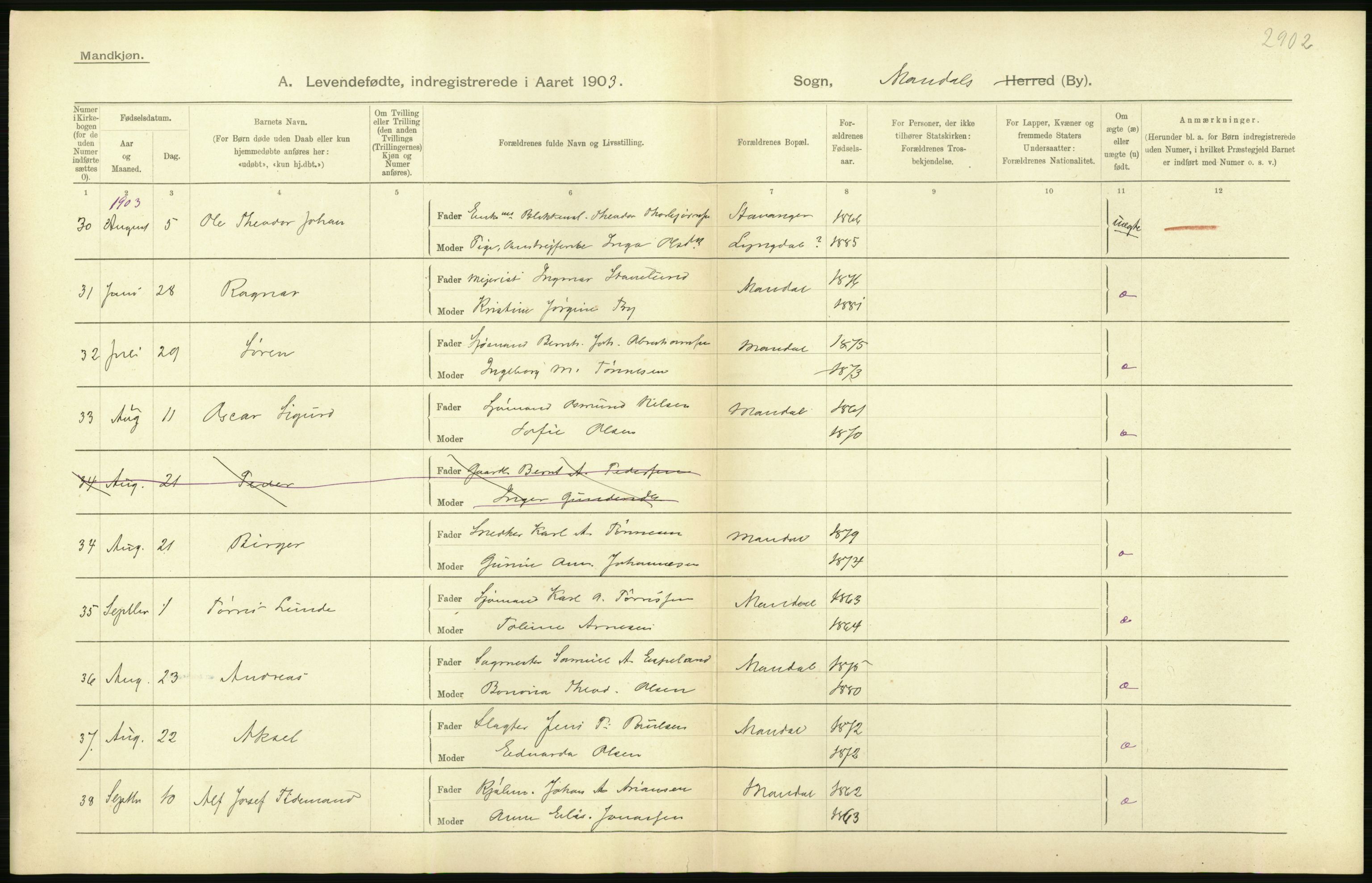 Statistisk sentralbyrå, Sosiodemografiske emner, Befolkning, AV/RA-S-2228/D/Df/Dfa/Dfaa/L0011: Lister og Mandal amt: Fødte, gifte, døde, 1903, s. 206