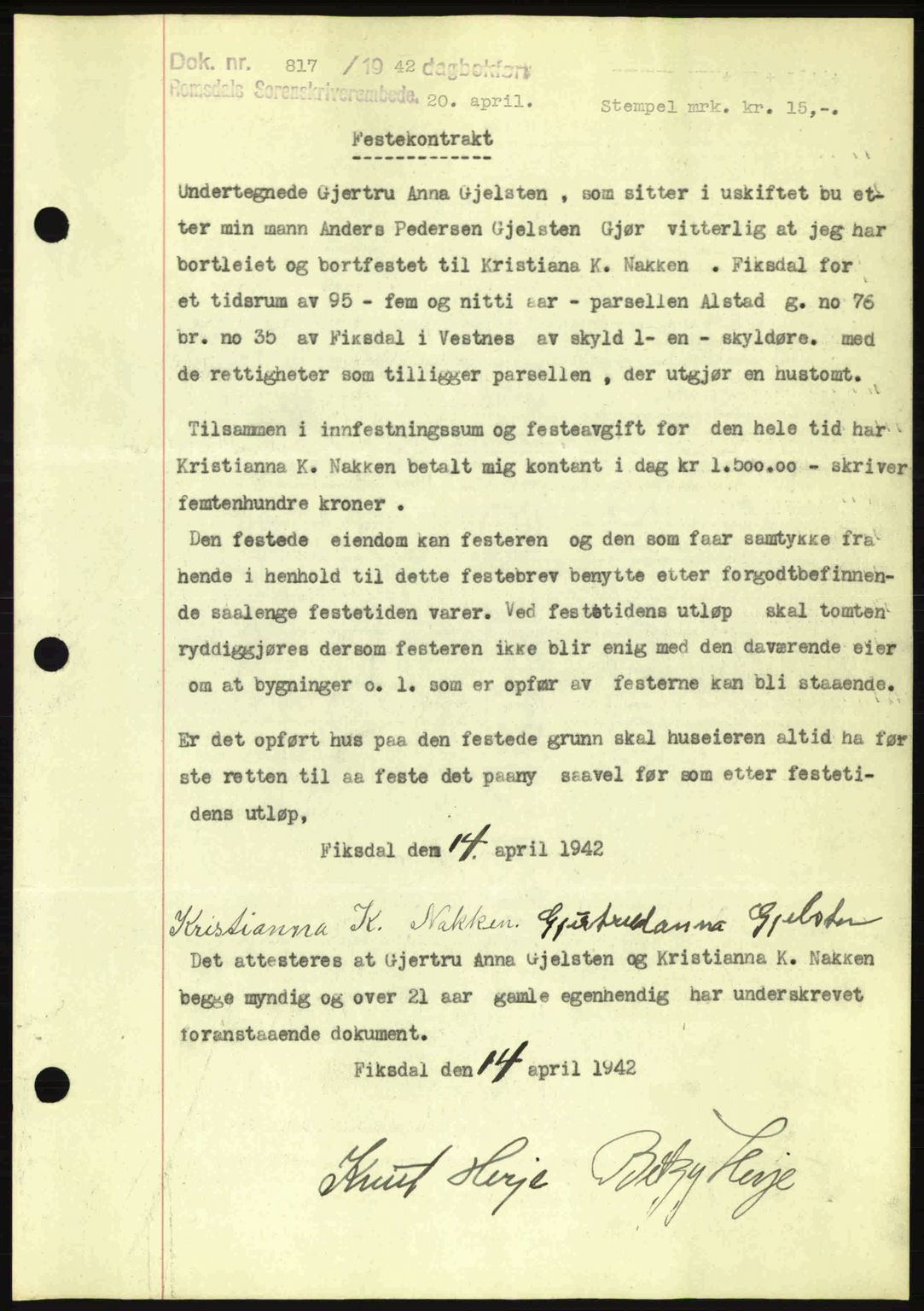 Romsdal sorenskriveri, SAT/A-4149/1/2/2C: Pantebok nr. A12, 1942-1942, Dagboknr: 817/1942