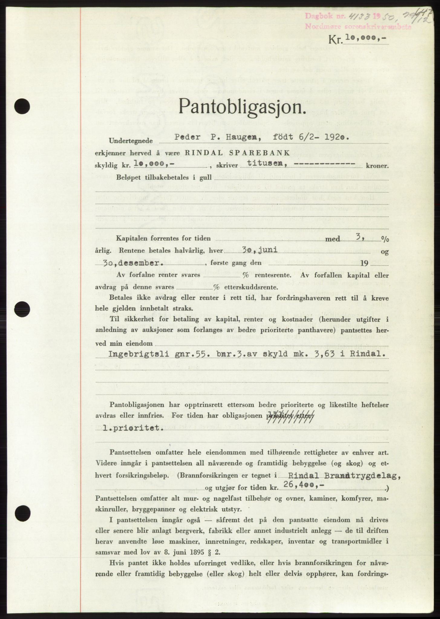 Nordmøre sorenskriveri, SAT/A-4132/1/2/2Ca: Pantebok nr. B106, 1950-1950, Dagboknr: 4133/1950