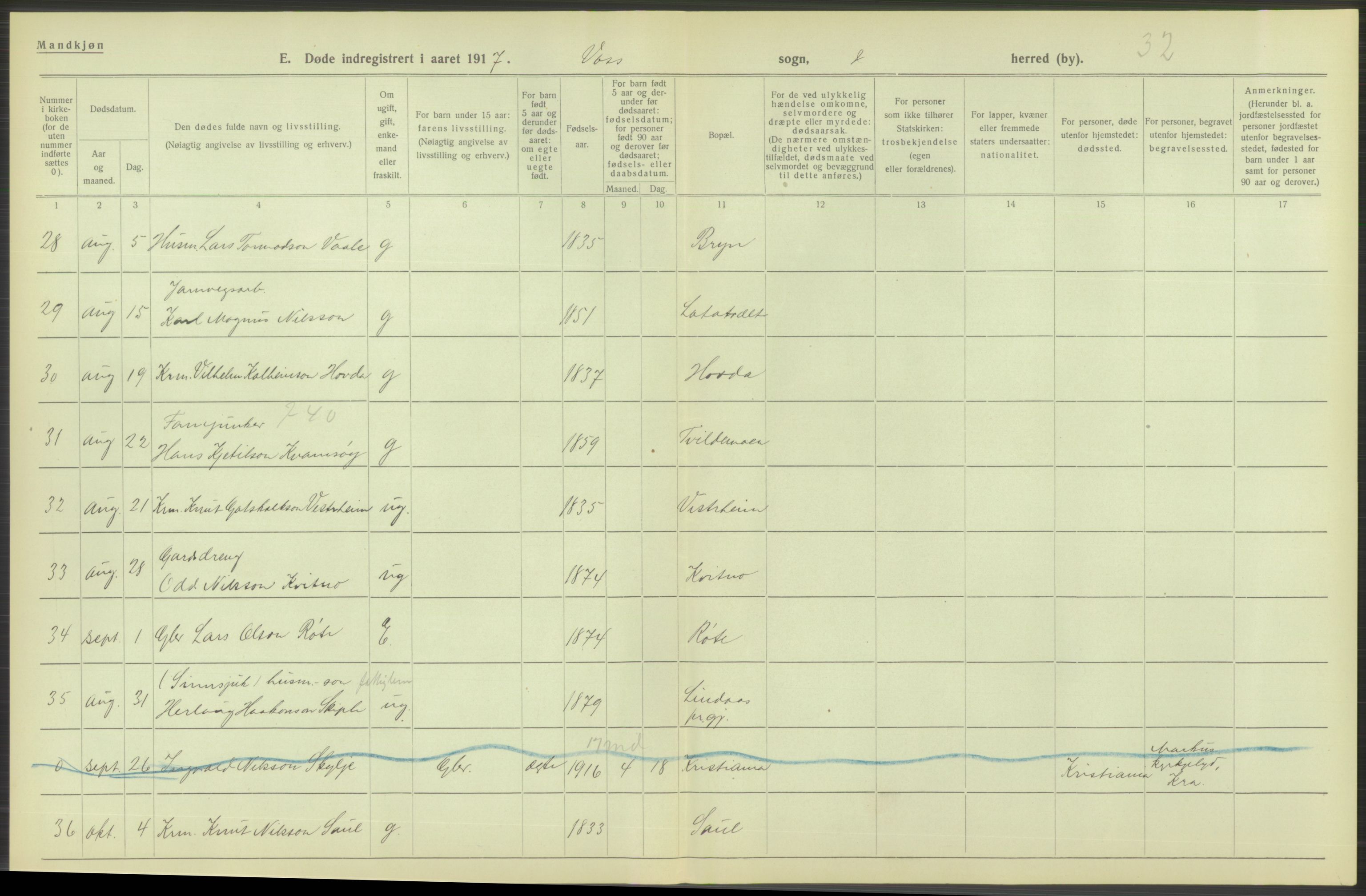 Statistisk sentralbyrå, Sosiodemografiske emner, Befolkning, RA/S-2228/D/Df/Dfb/Dfbg/L0036: S. Bergenhus amt: Døde, dødfødte. Bygder., 1917, s. 652