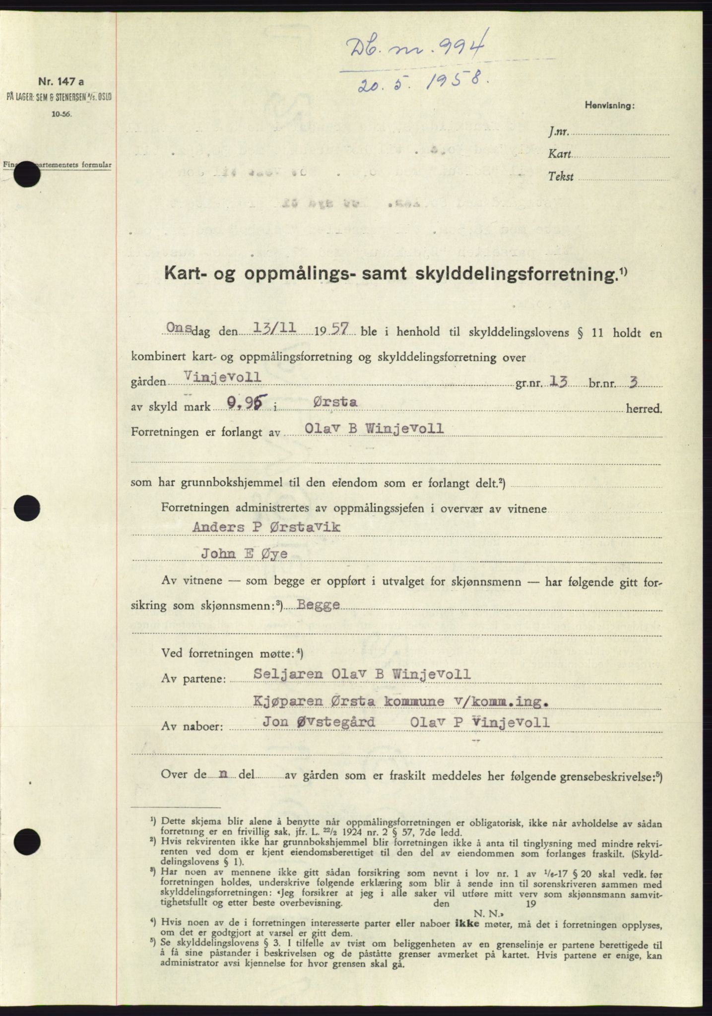 Søre Sunnmøre sorenskriveri, SAT/A-4122/1/2/2C/L0109: Pantebok nr. 35A, 1958-1958, Dagboknr: 994/1958