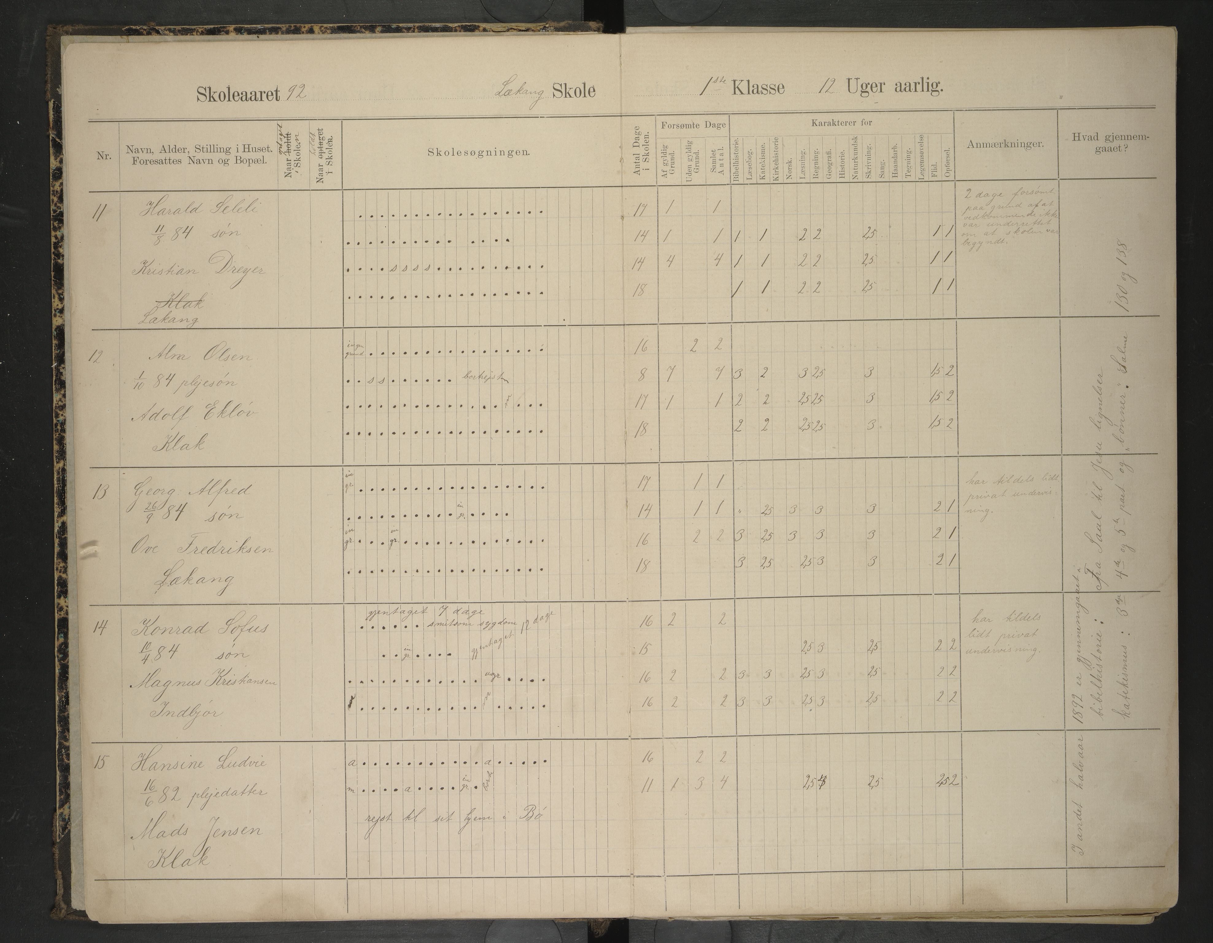 Hadsel kommune. Lekang, Husby og Ongstad skolekrets, AIN/K-18660.510.53/F/L0001: Skoleprotokoll for Lekang, Husby og Ongstad, 1892-1896