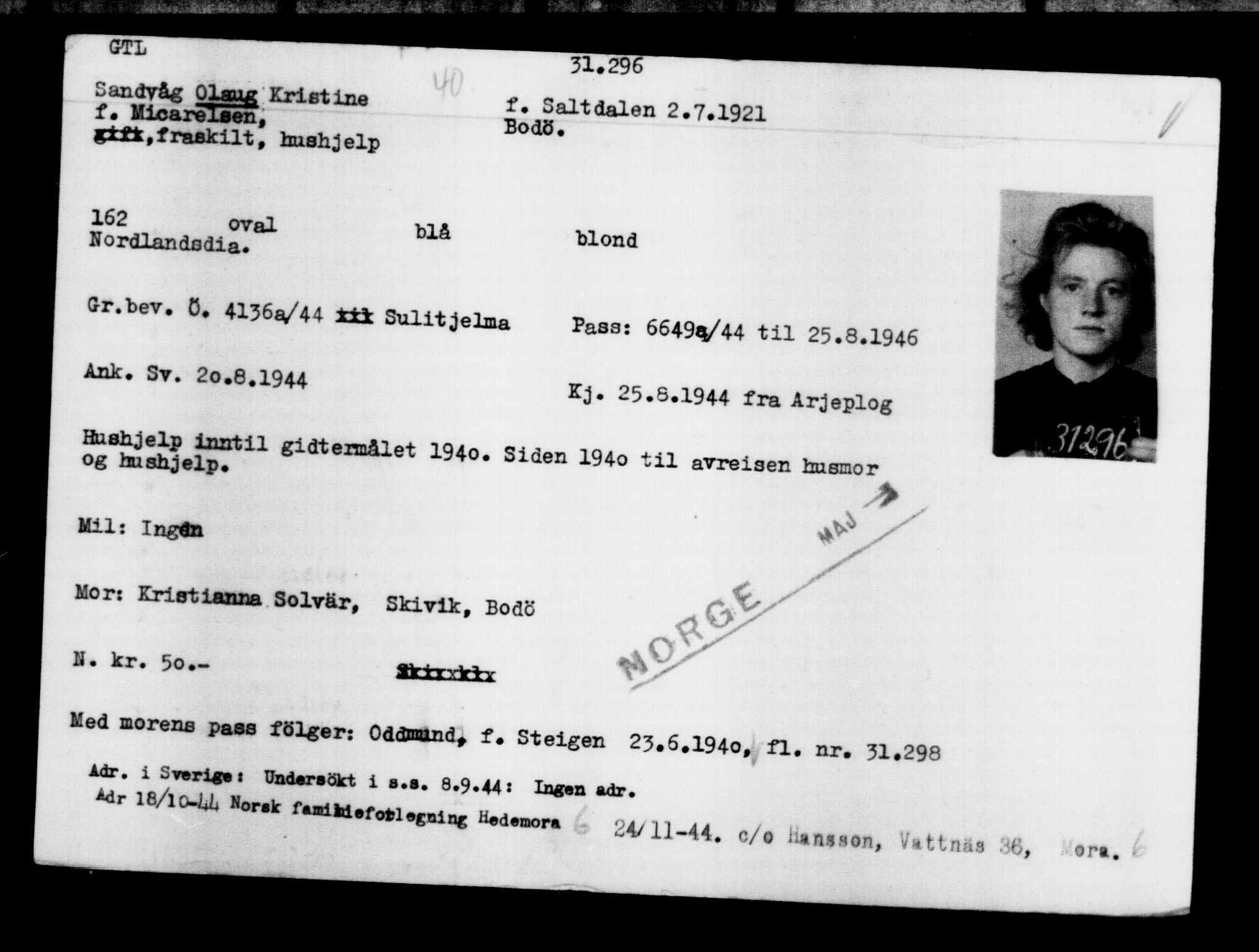 Utenriksstasjonene, Legasjonen i Stockholm, Flyktningkontoret, AV/RA-S-6753/V/Va/L0012: Kjesäterkartoteket, flyktninger med registreringsnr. 28300-31566, 1940-1945, s. 3245