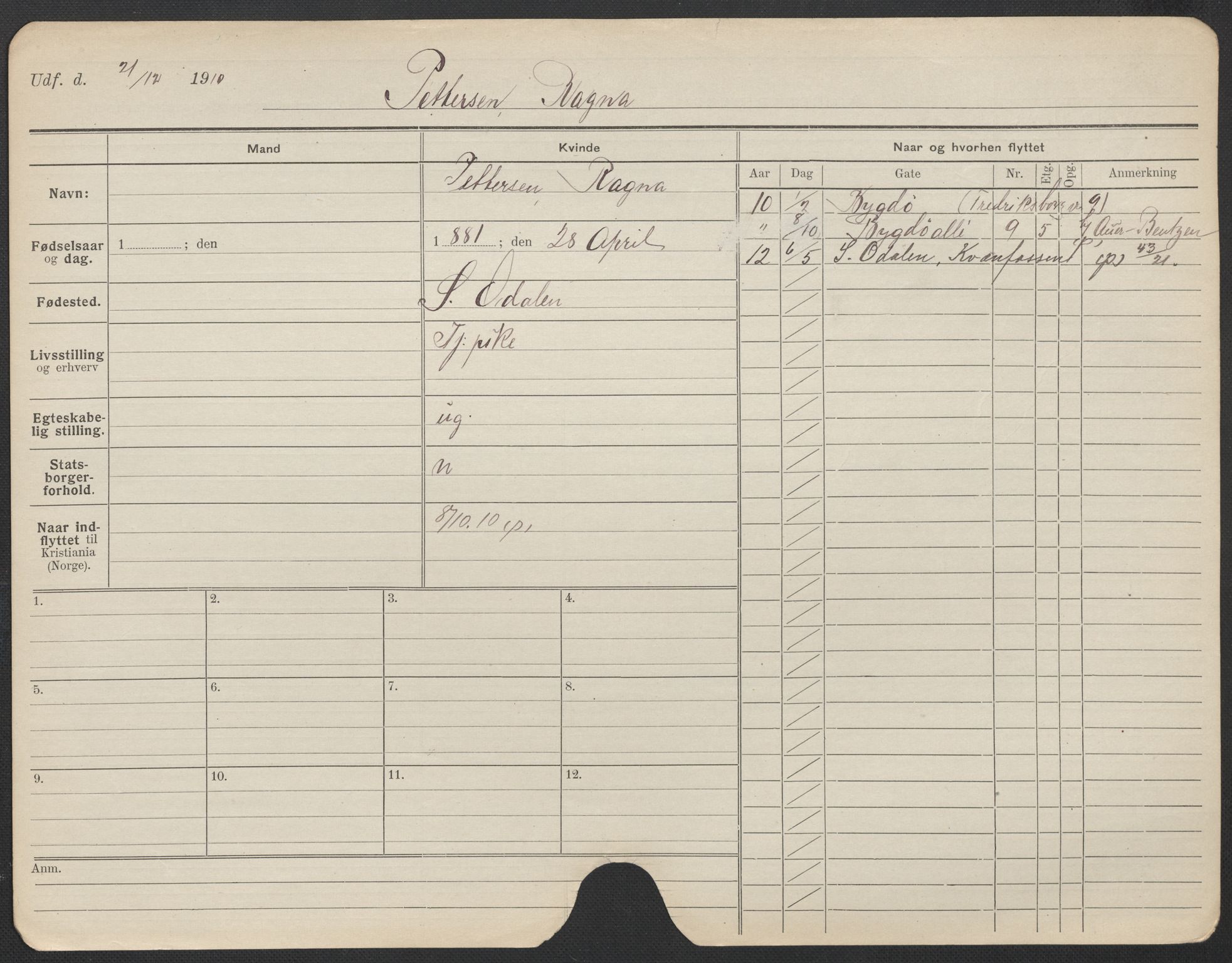 Oslo folkeregister, Registerkort, AV/SAO-A-11715/F/Fa/Fac/L0022: Kvinner, 1906-1914, s. 1053a