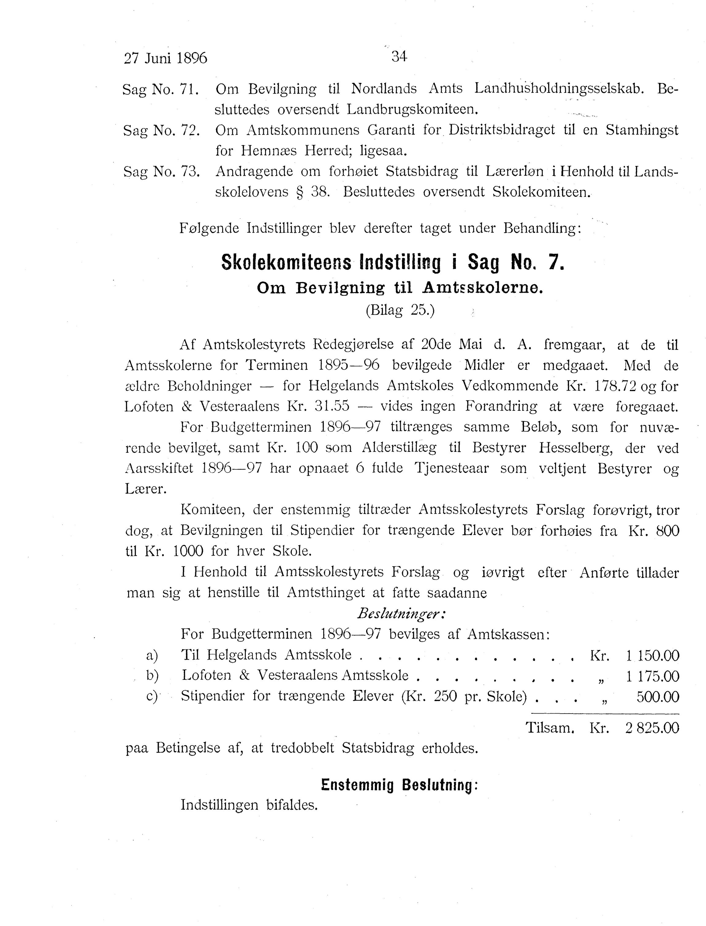 Nordland Fylkeskommune. Fylkestinget, AIN/NFK-17/176/A/Ac/L0019: Fylkestingsforhandlinger 1896, 1896