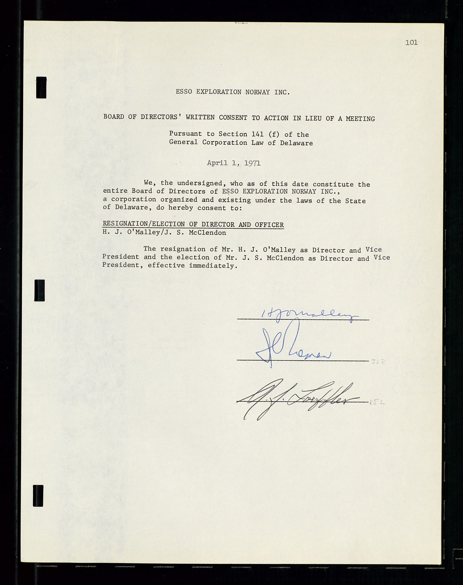 Pa 1512 - Esso Exploration and Production Norway Inc., AV/SAST-A-101917/A/Aa/L0001/0001: Styredokumenter / Corporate records, By-Laws, Board meeting minutes, Incorporations, 1965-1975, s. 101