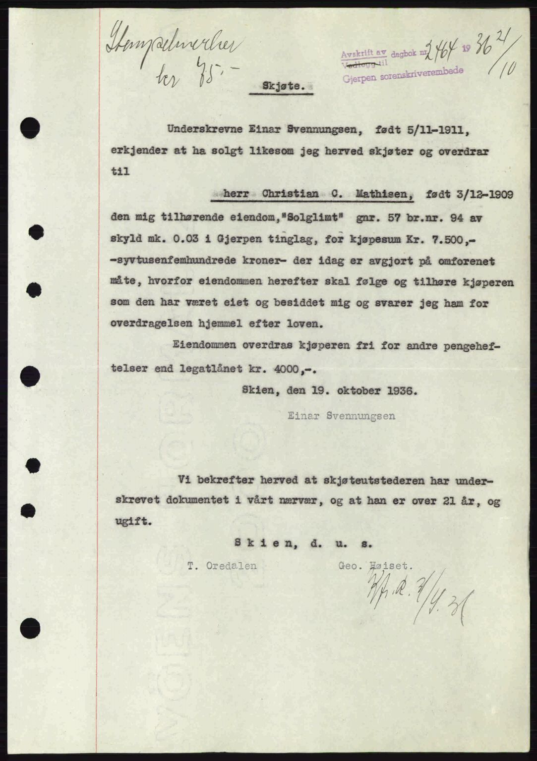 Gjerpen sorenskriveri, SAKO/A-216/G/Ga/Gae/L0067: Pantebok nr. A-66 - A-68, 1936-1937, Dagboknr: 2464/1936