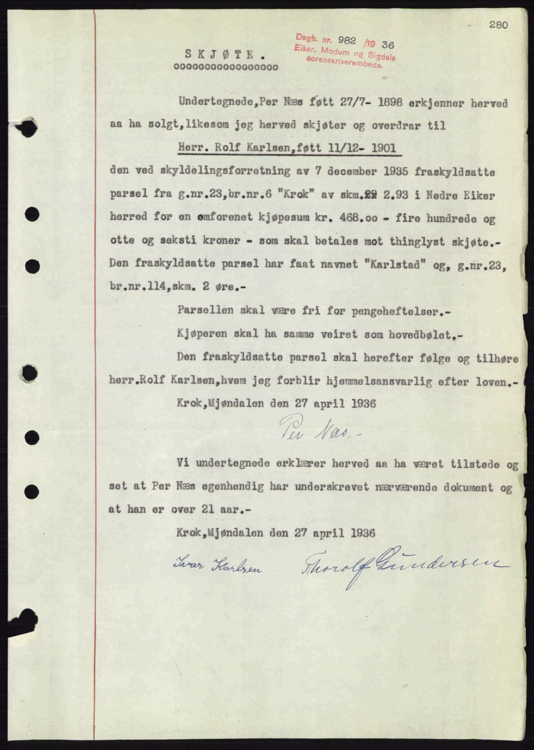 Eiker, Modum og Sigdal sorenskriveri, SAKO/A-123/G/Ga/Gab/L0032: Pantebok nr. A2, 1936-1936, Dagboknr: 982/1936