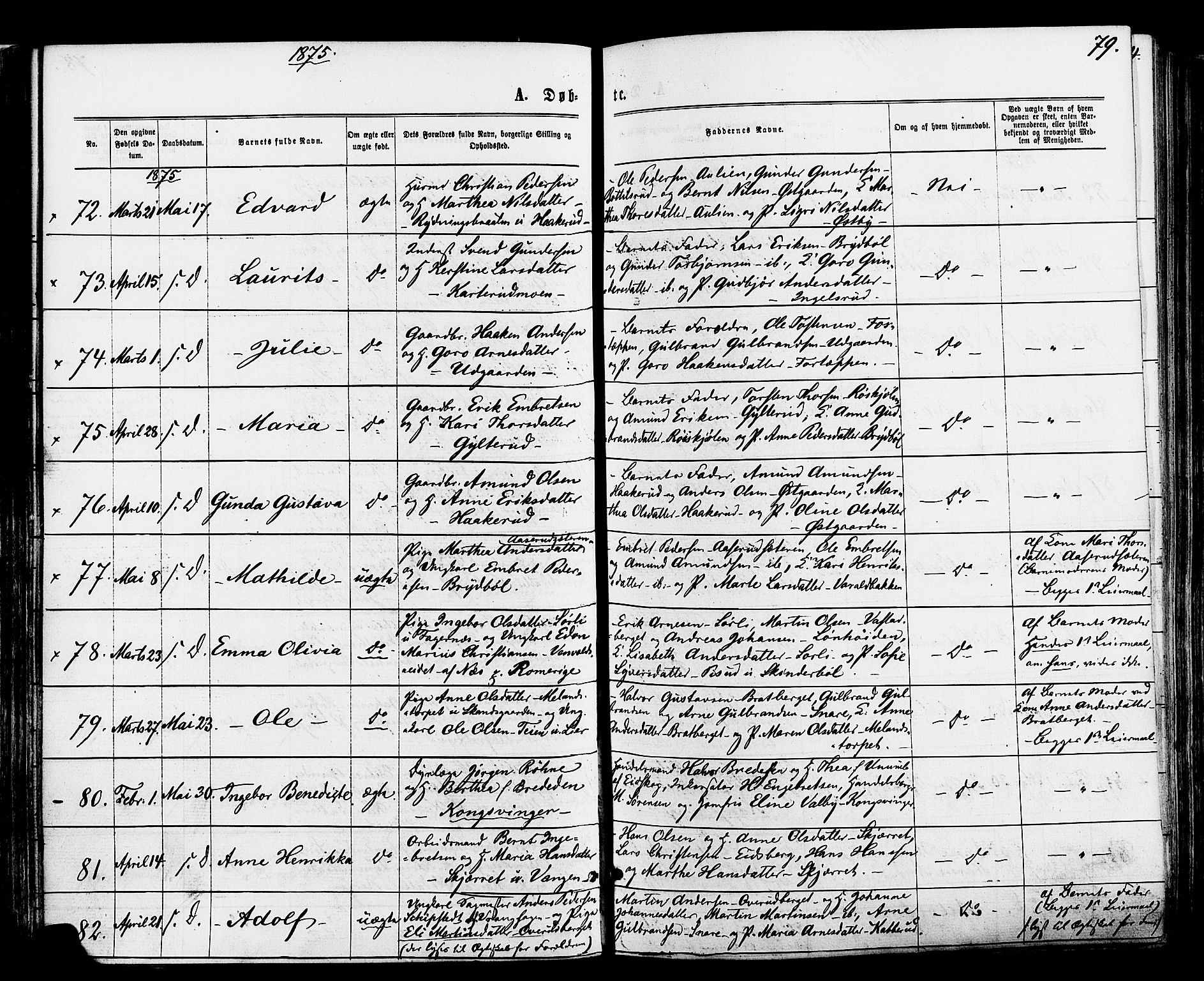 Vinger prestekontor, AV/SAH-PREST-024/H/Ha/Haa/L0012: Ministerialbok nr. 12, 1871-1880, s. 79