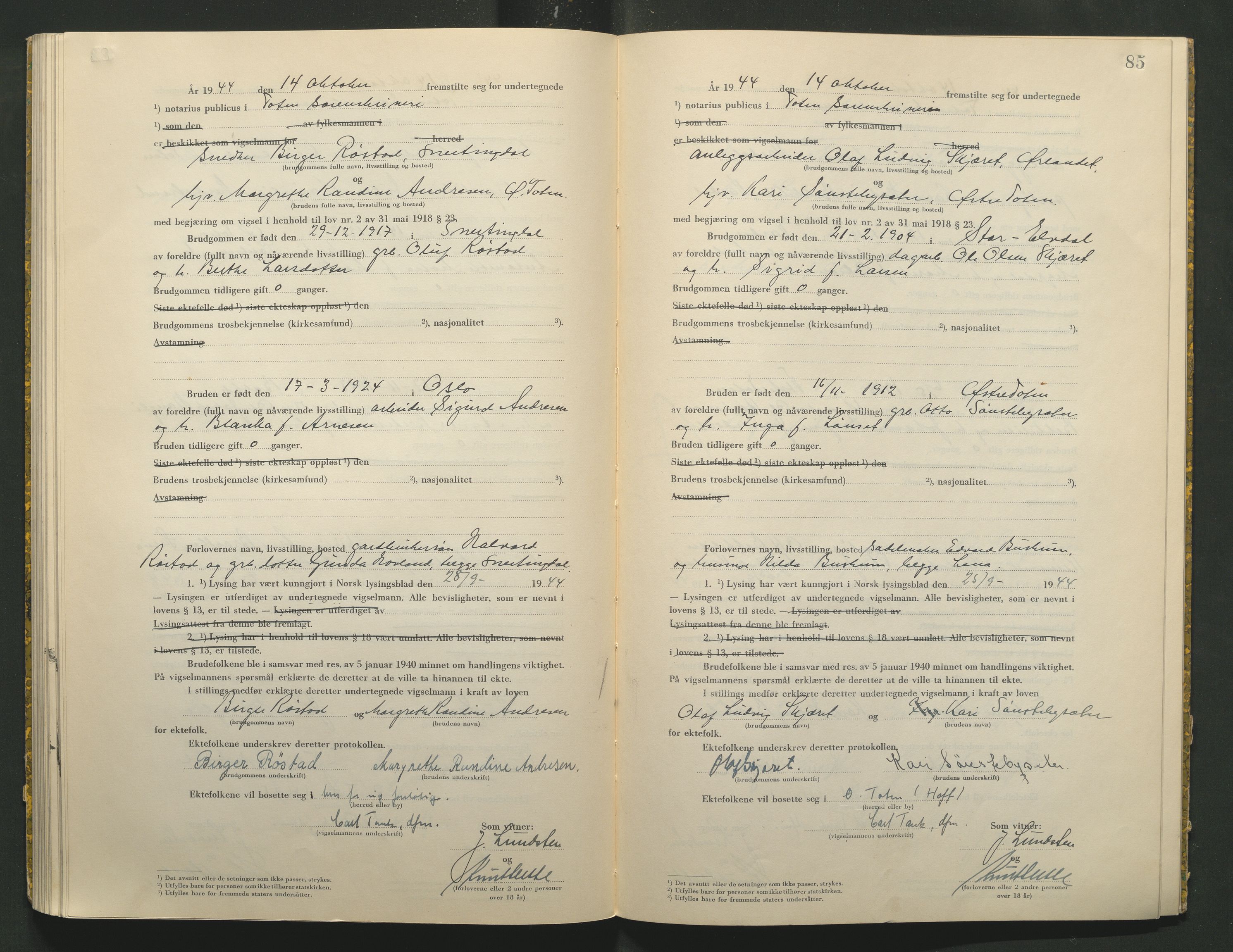 Toten tingrett, AV/SAH-TING-006/L/Lc/L0004: Vigselbok, 1944, s. 85