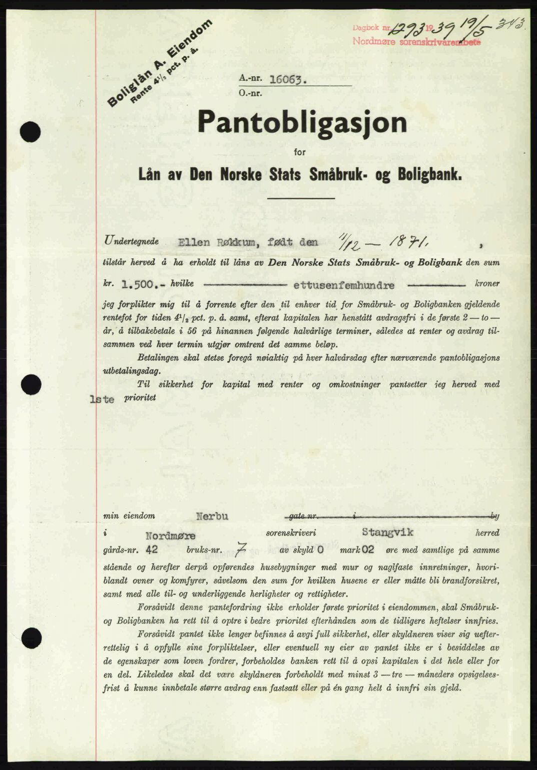 Nordmøre sorenskriveri, SAT/A-4132/1/2/2Ca: Pantebok nr. B85, 1939-1939, Dagboknr: 1293/1939
