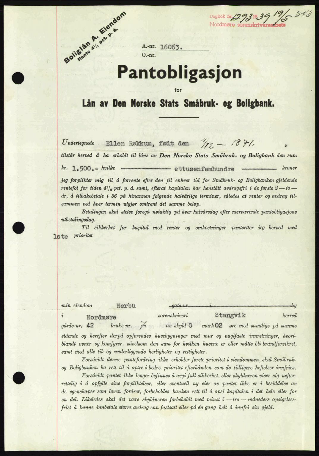 Nordmøre sorenskriveri, AV/SAT-A-4132/1/2/2Ca: Pantebok nr. B85, 1939-1939, Dagboknr: 1293/1939