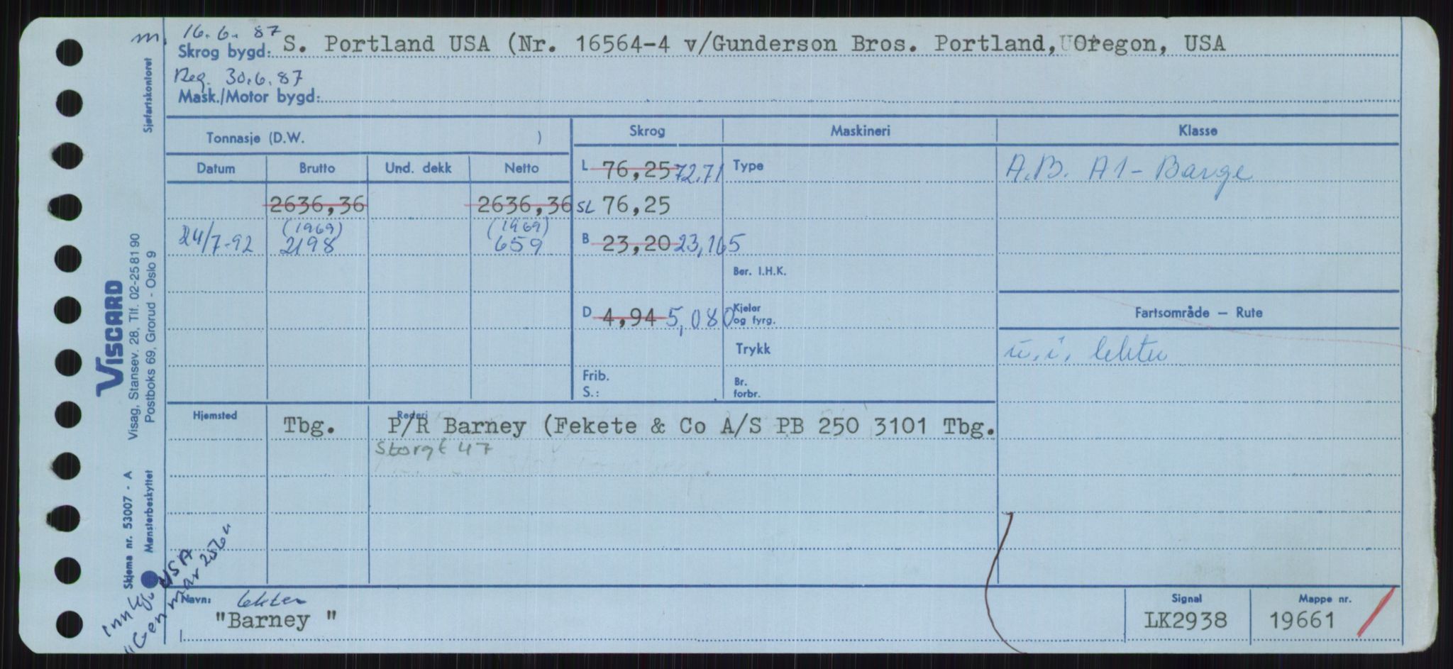 Sjøfartsdirektoratet med forløpere, Skipsmålingen, RA/S-1627/H/Hc/L0001: Lektere, A-Y, s. 43