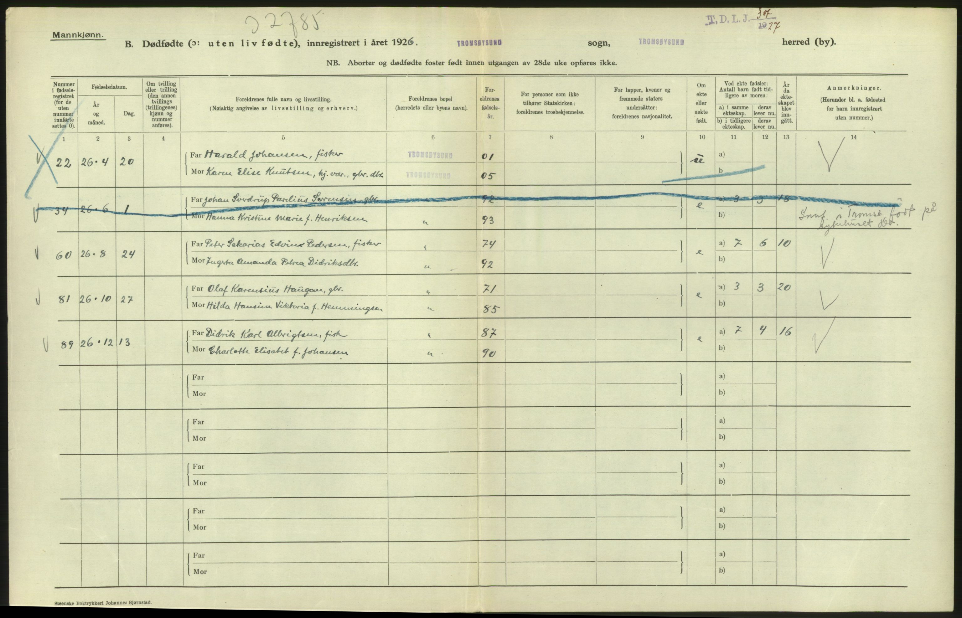 Statistisk sentralbyrå, Sosiodemografiske emner, Befolkning, RA/S-2228/D/Df/Dfc/Dfcf/L0043: Troms fylke: Gufte, døde, dødfødte. Bygder og byer., 1926, s. 223