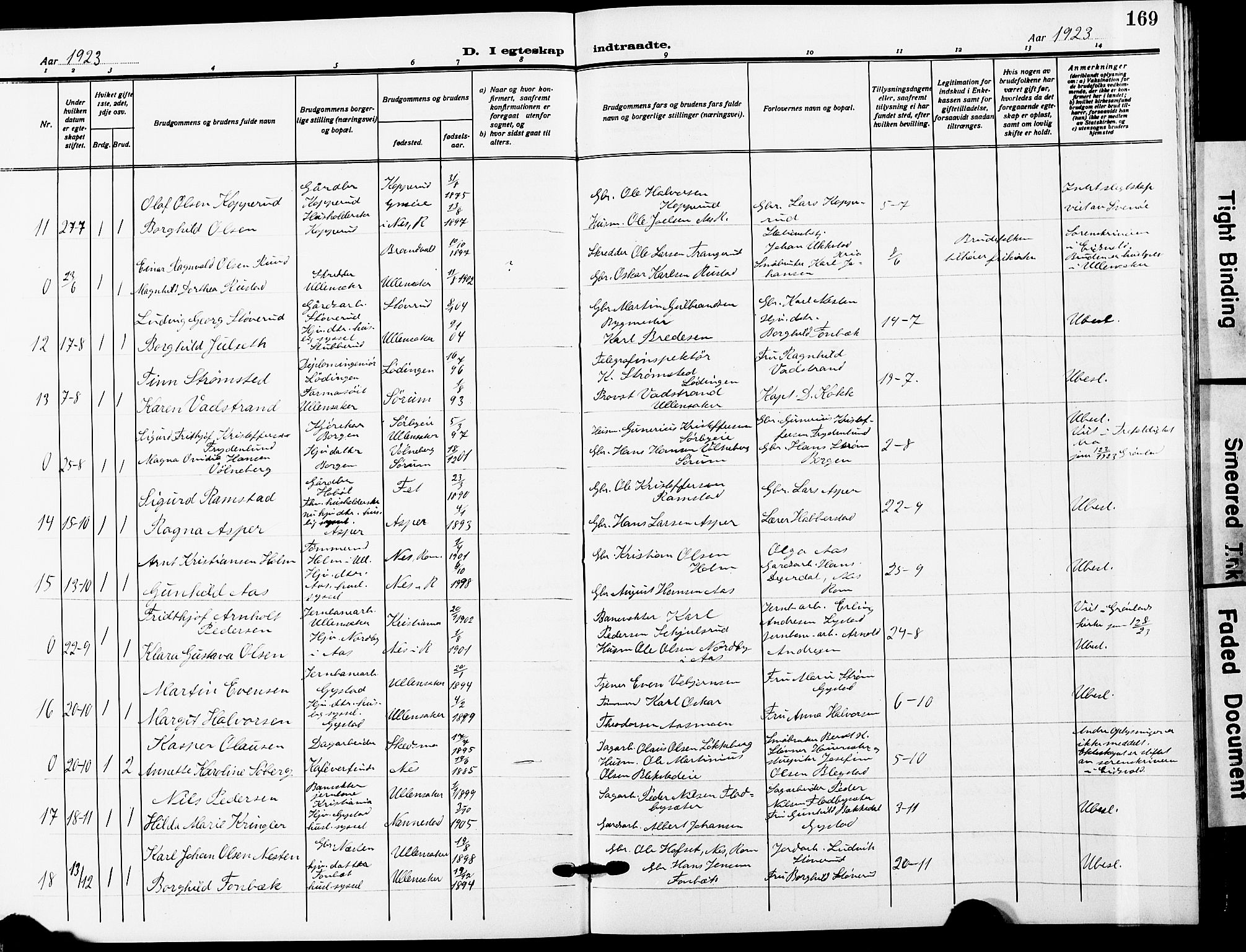 Ullensaker prestekontor Kirkebøker, AV/SAO-A-10236a/G/Ga/L0003: Klokkerbok nr. I 3, 1914-1929, s. 169