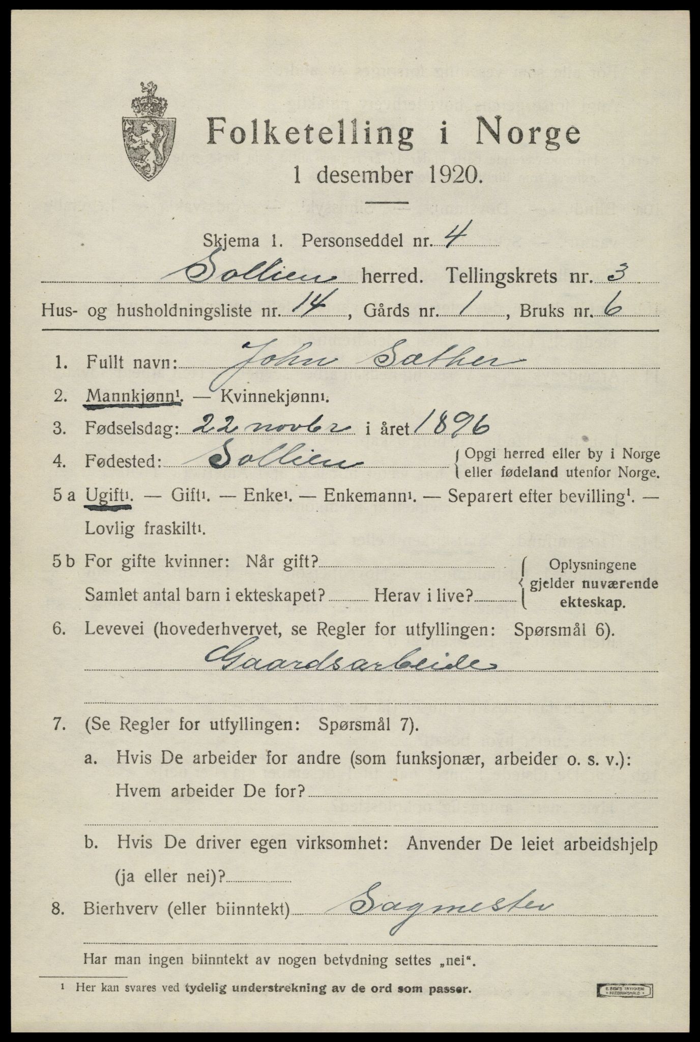 SAH, Folketelling 1920 for 0431 Sollia herred, 1920, s. 819
