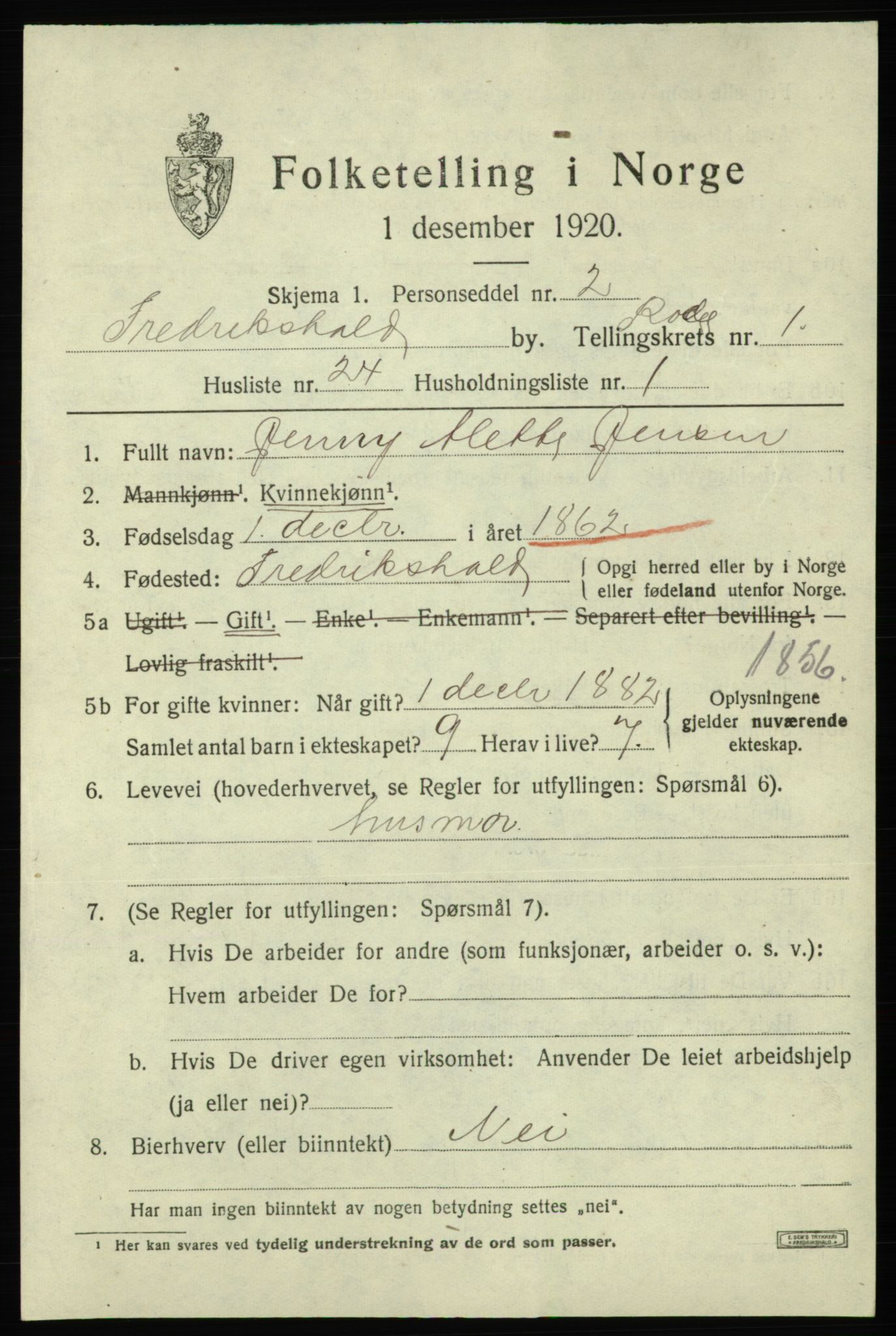 SAO, Folketelling 1920 for 0101 Fredrikshald kjøpstad, 1920, s. 8506