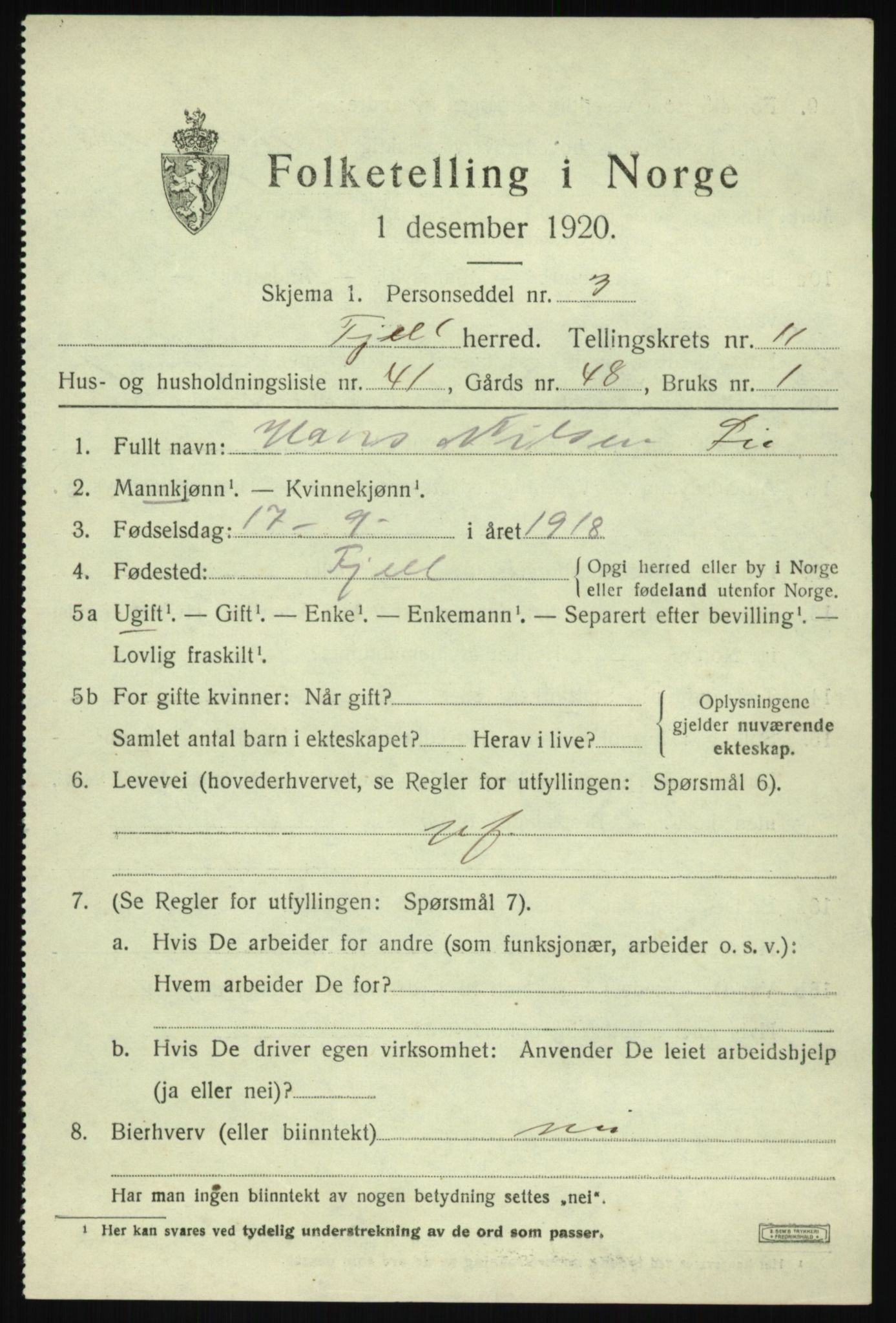 SAB, Folketelling 1920 for 1246 Fjell herred, 1920, s. 10366