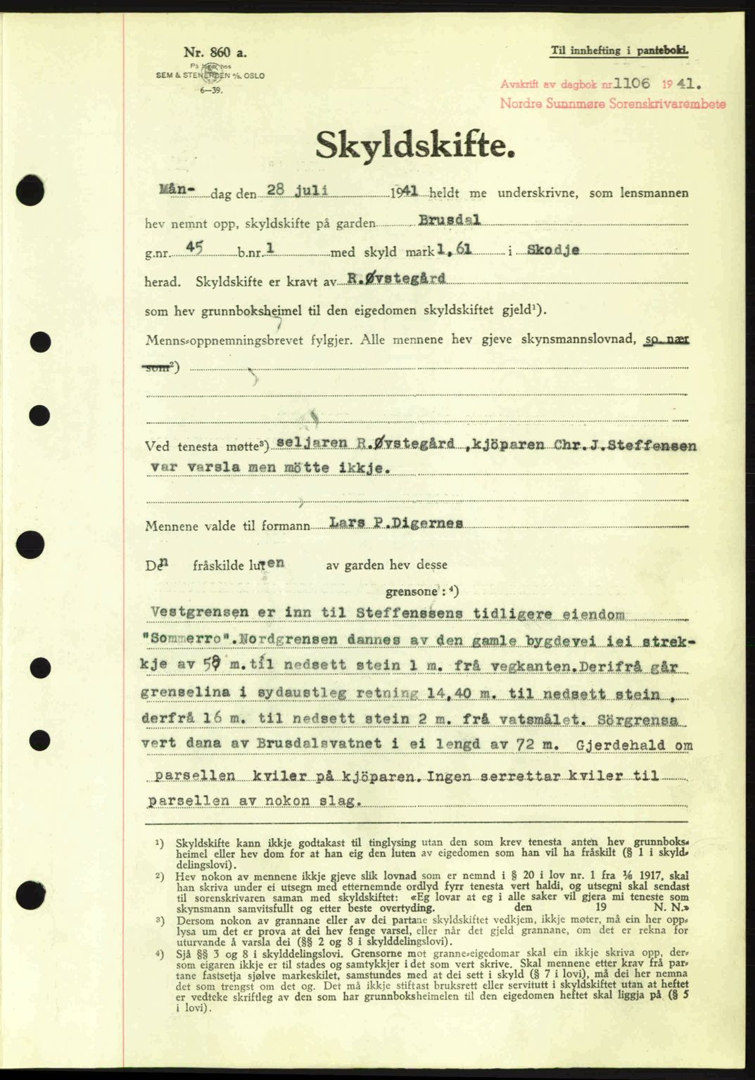 Nordre Sunnmøre sorenskriveri, SAT/A-0006/1/2/2C/2Ca: Pantebok nr. A11, 1941-1941, Dagboknr: 1106/1941