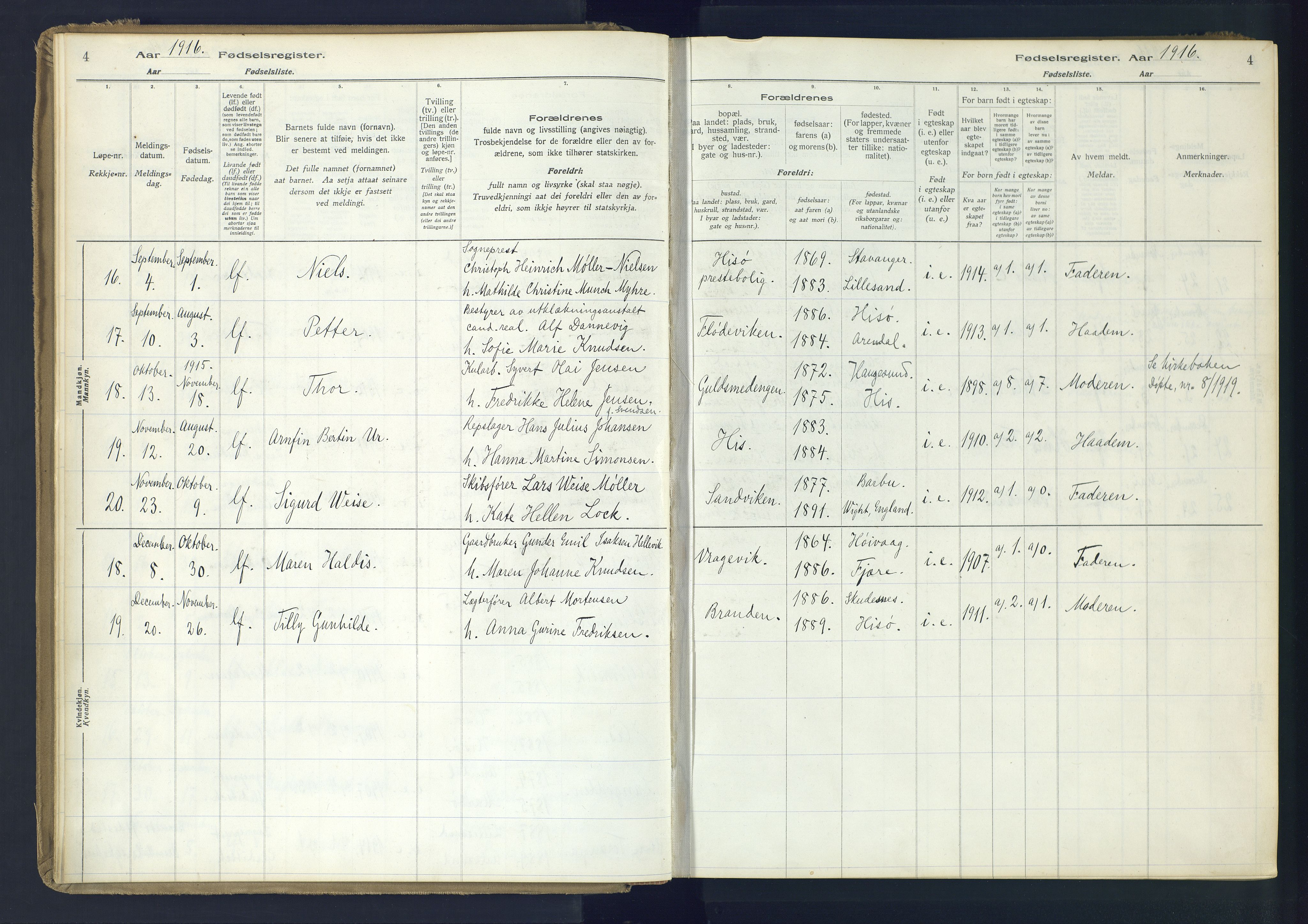 Hisøy sokneprestkontor, AV/SAK-1111-0020/J/Ja/L0001: Fødselsregister nr. A-VI-14, 1916-1951, s. 4