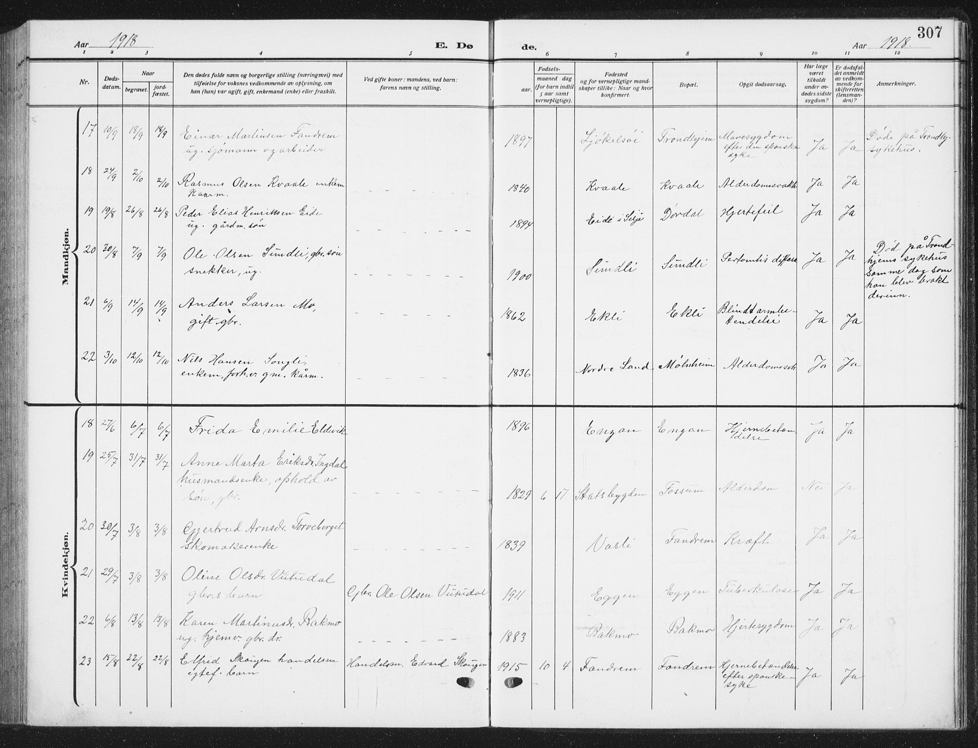 Ministerialprotokoller, klokkerbøker og fødselsregistre - Sør-Trøndelag, SAT/A-1456/668/L0820: Klokkerbok nr. 668C09, 1912-1936, s. 307