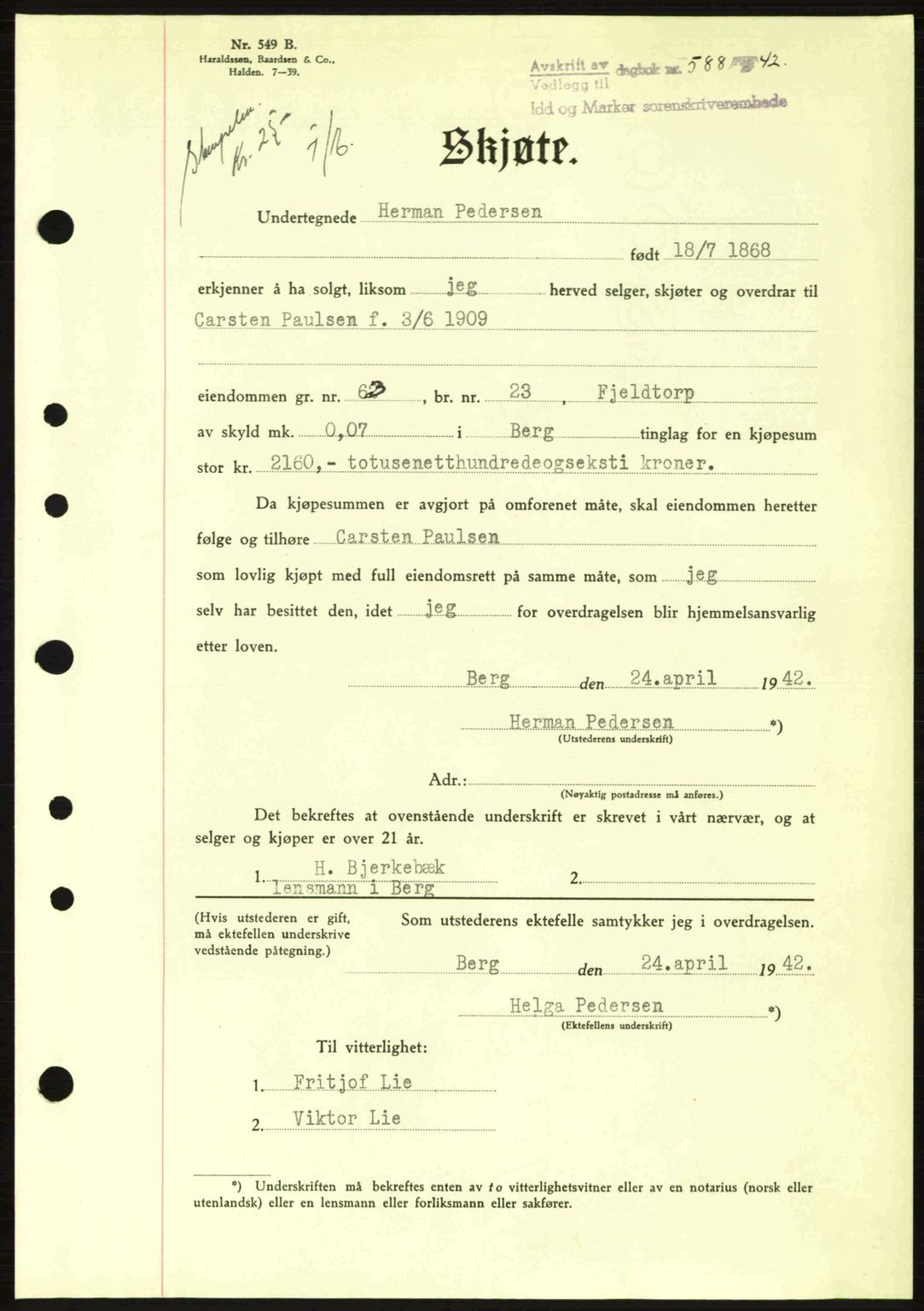 Idd og Marker sorenskriveri, AV/SAO-A-10283/G/Gb/Gbb/L0005: Pantebok nr. A5, 1941-1943, Dagboknr: 588/1942